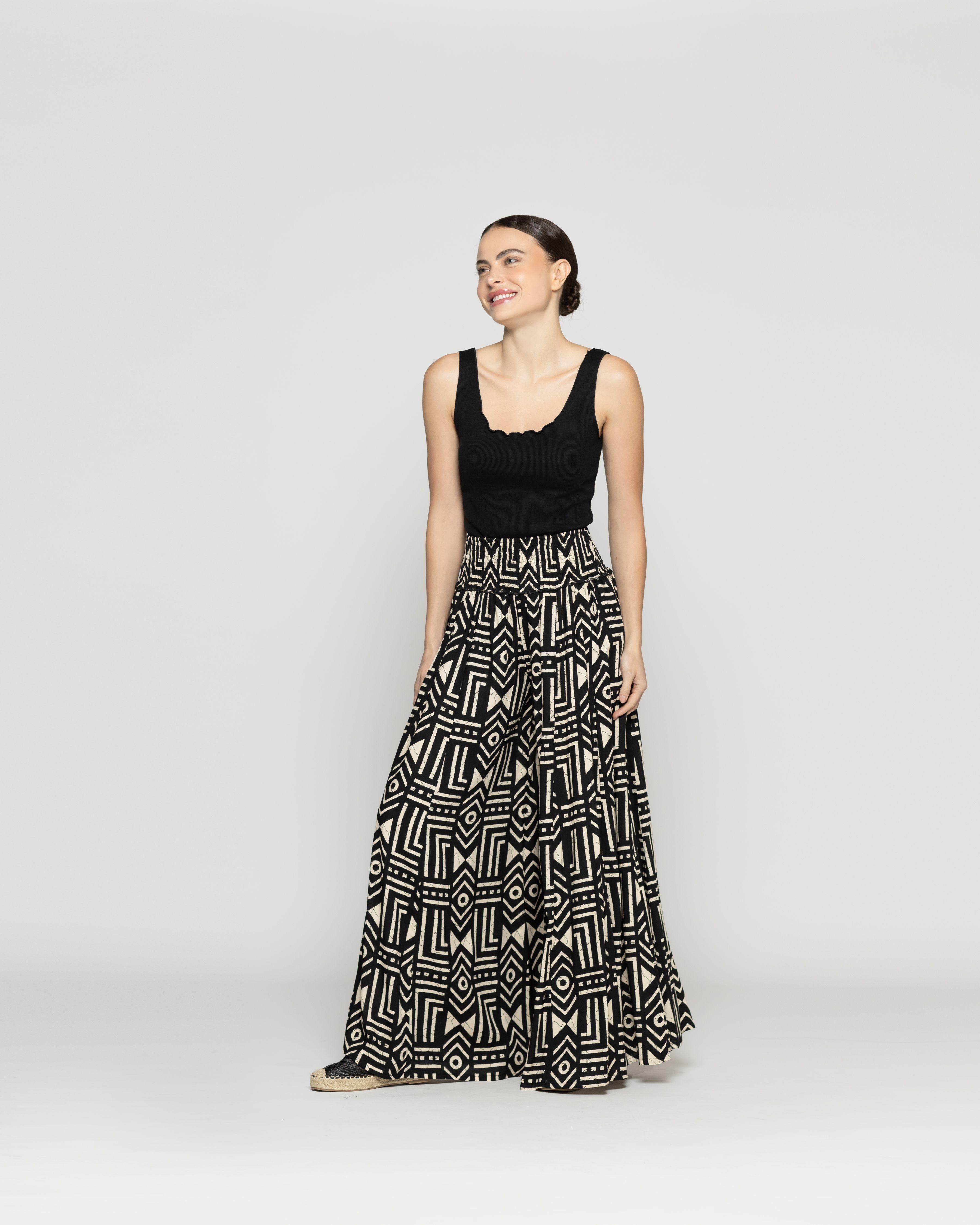Pantalón Mujer Palazzo Palmira Estampado Tribal Blanco Y Negro Lineatre-0