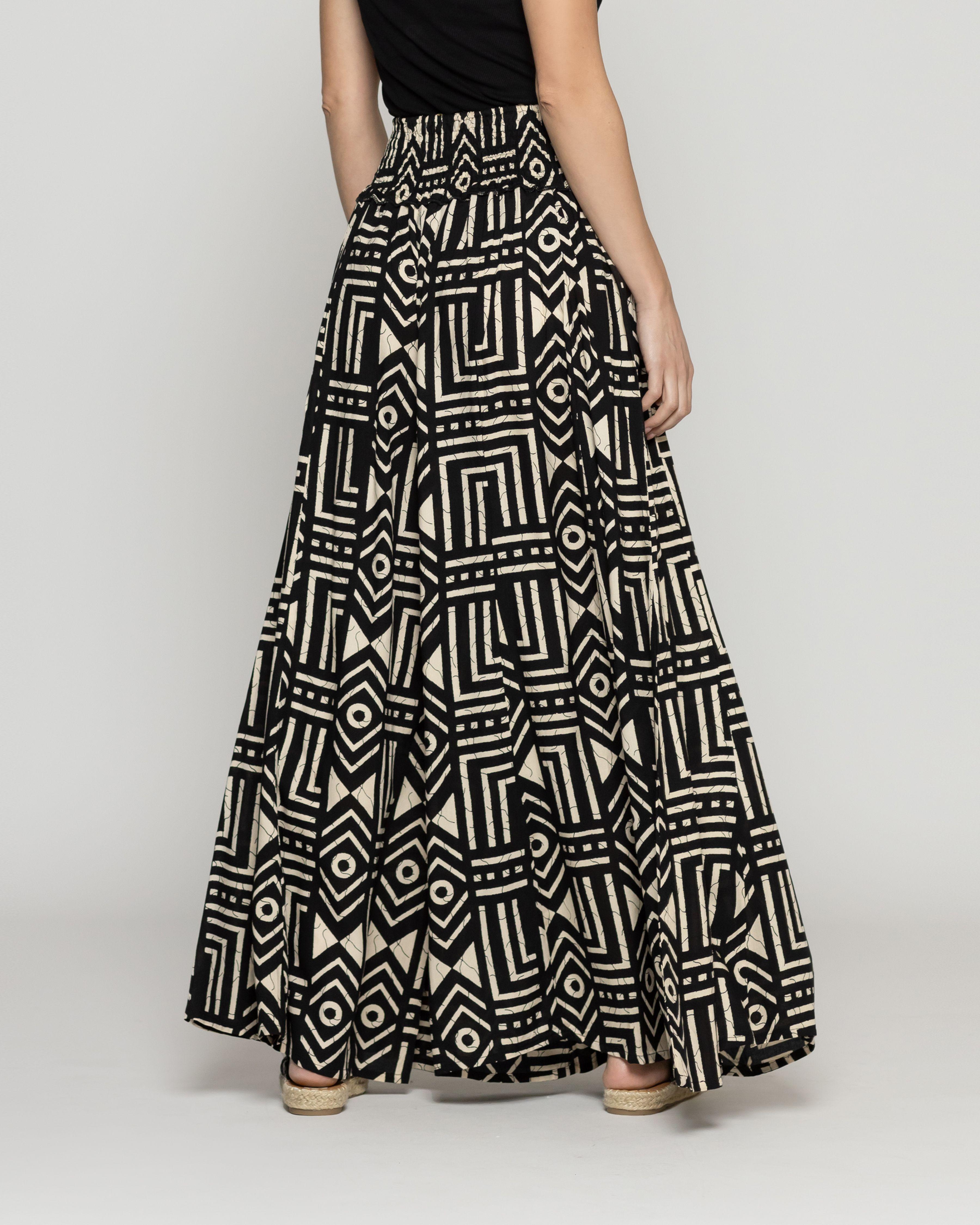 Pantalón Mujer Palazzo Palmira Estampado Tribal Blanco Y Negro Lineatre-1