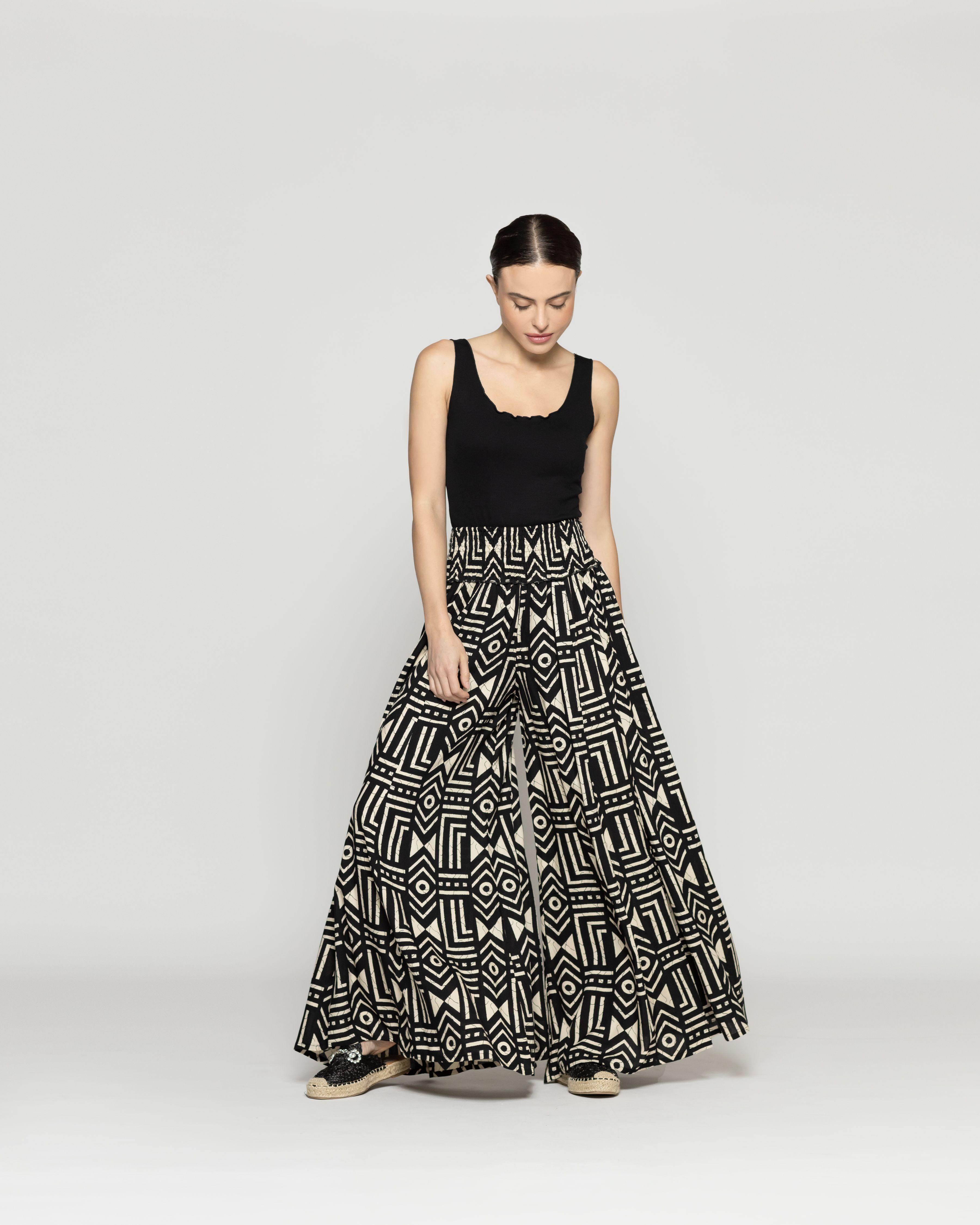 Pantalón Mujer Palazzo Palmira Estampado Tribal Blanco Y Negro Lineatre-2