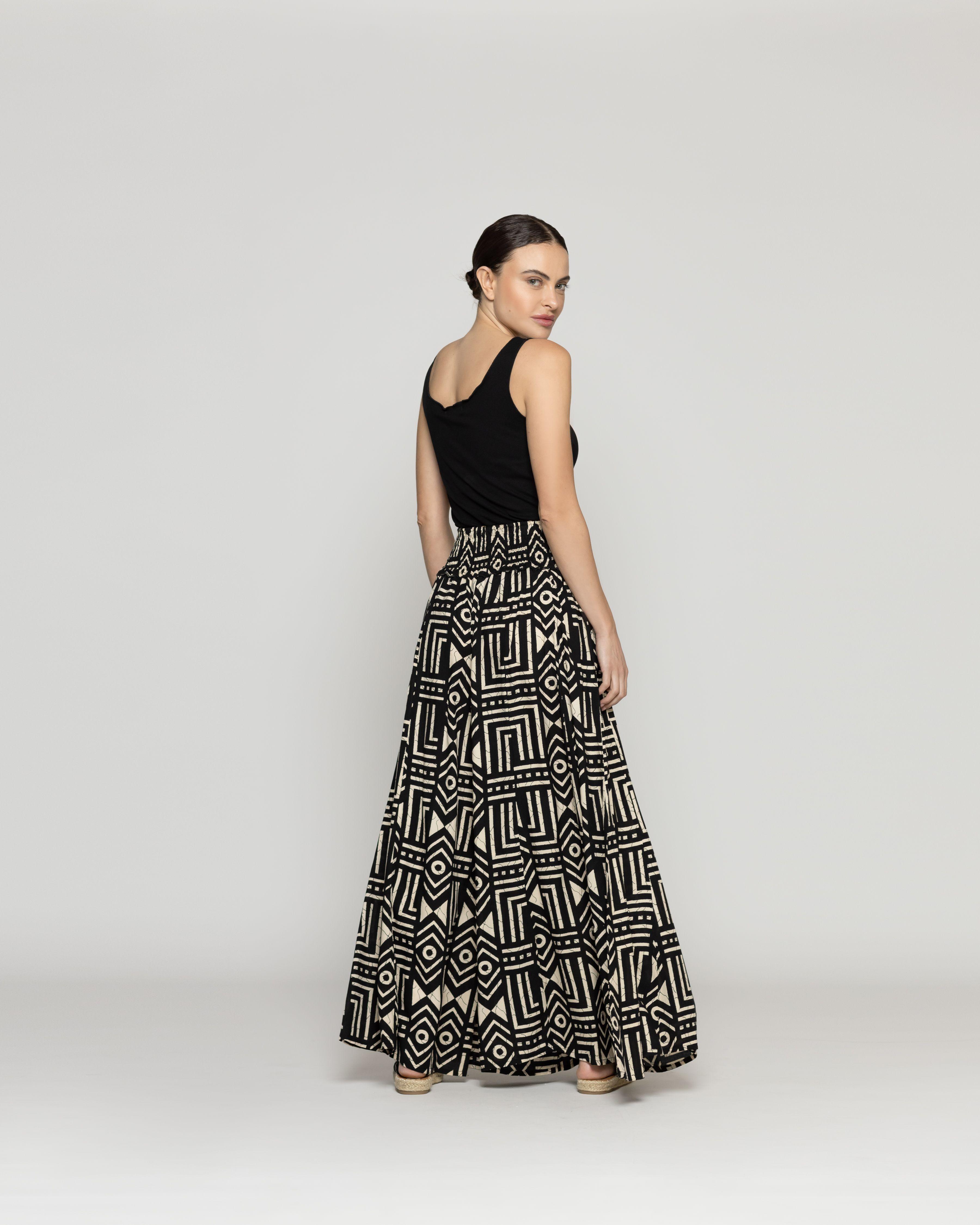 Pantalón Mujer Palazzo Palmira Estampado Tribal Blanco Y Negro Lineatre-3