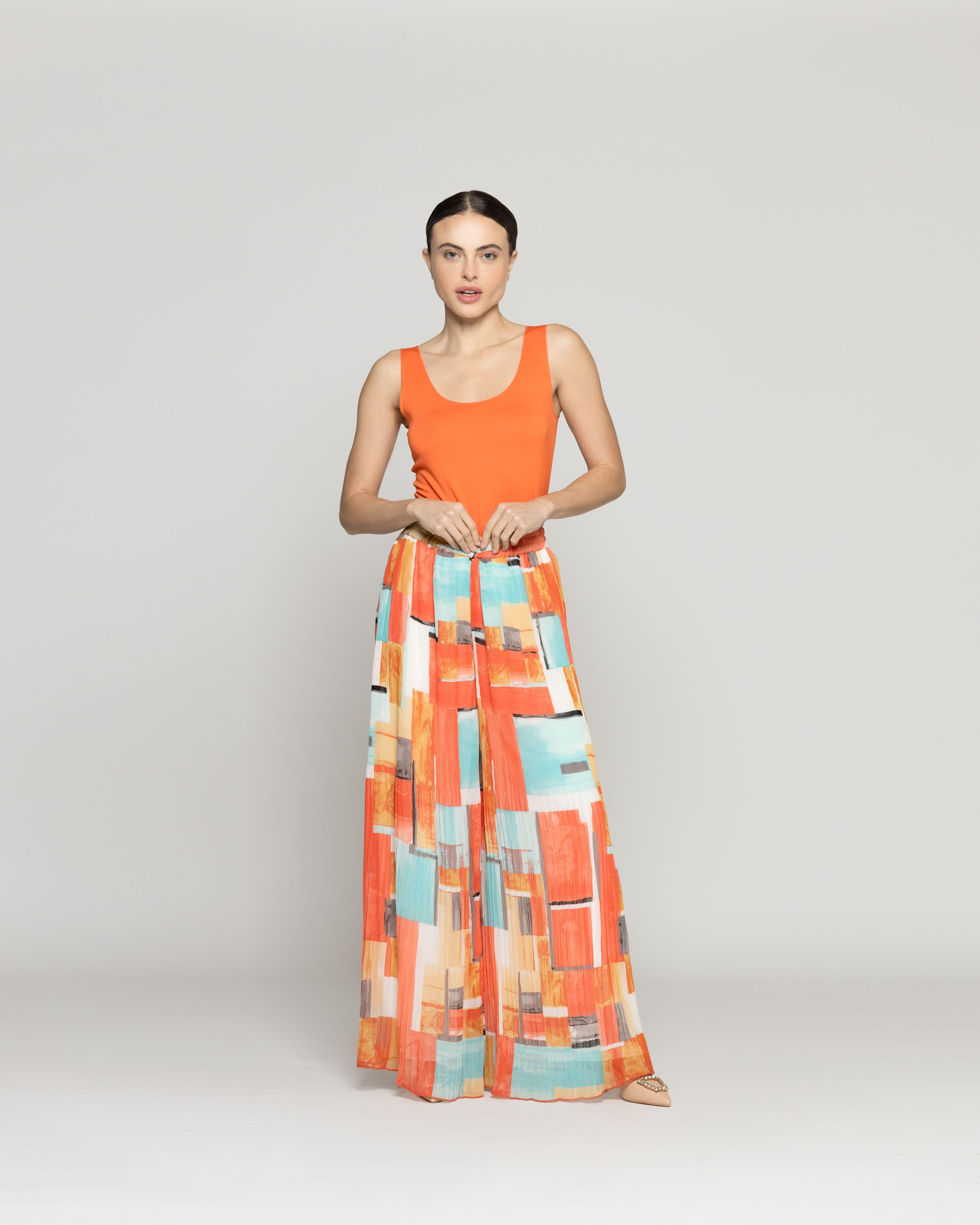 Pantalón Mujer Pía Palazzo Plisado Estampado Naranja Lineatre-0