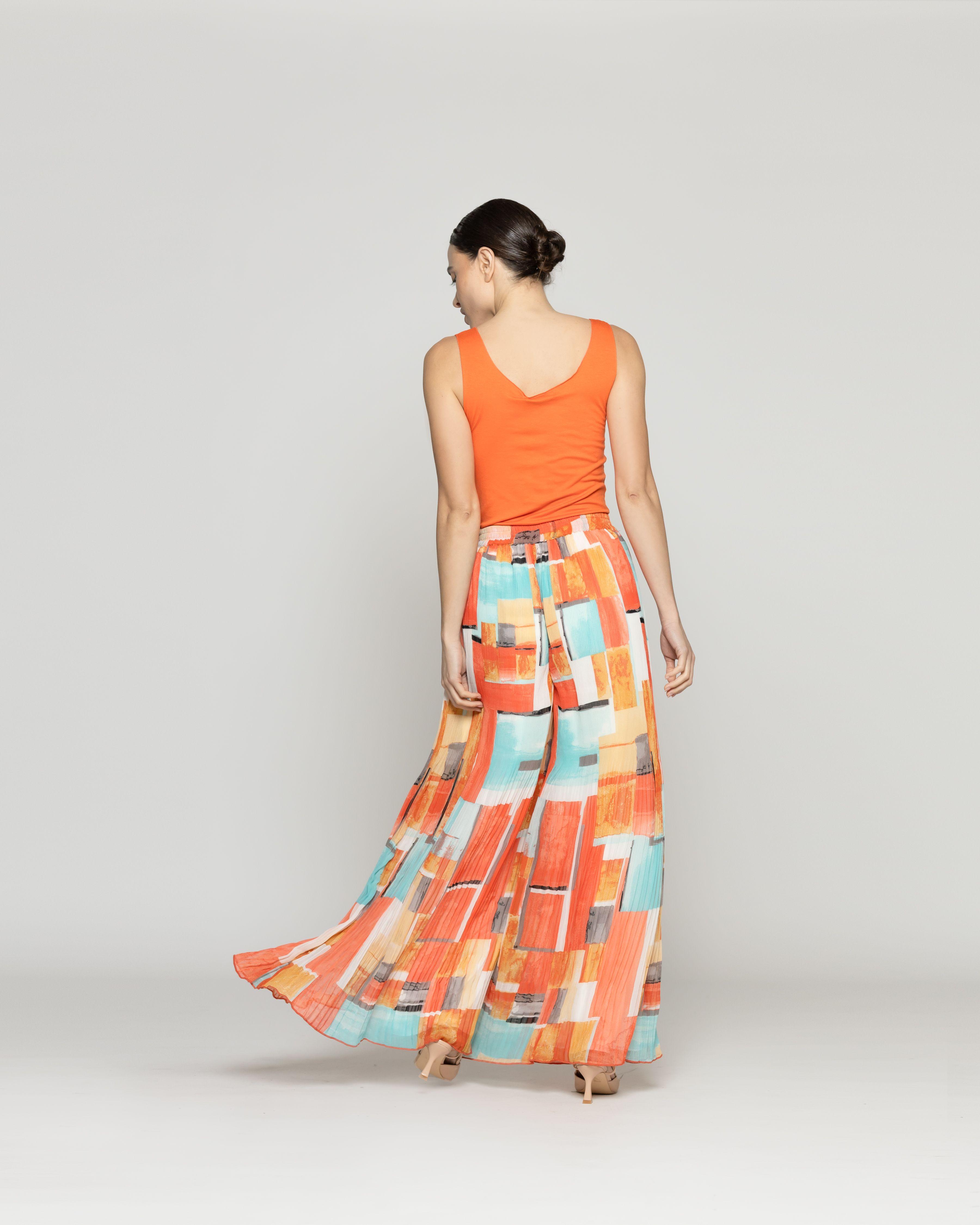 Pantalón Mujer Pía Palazzo Plisado Estampado Naranja Lineatre-2