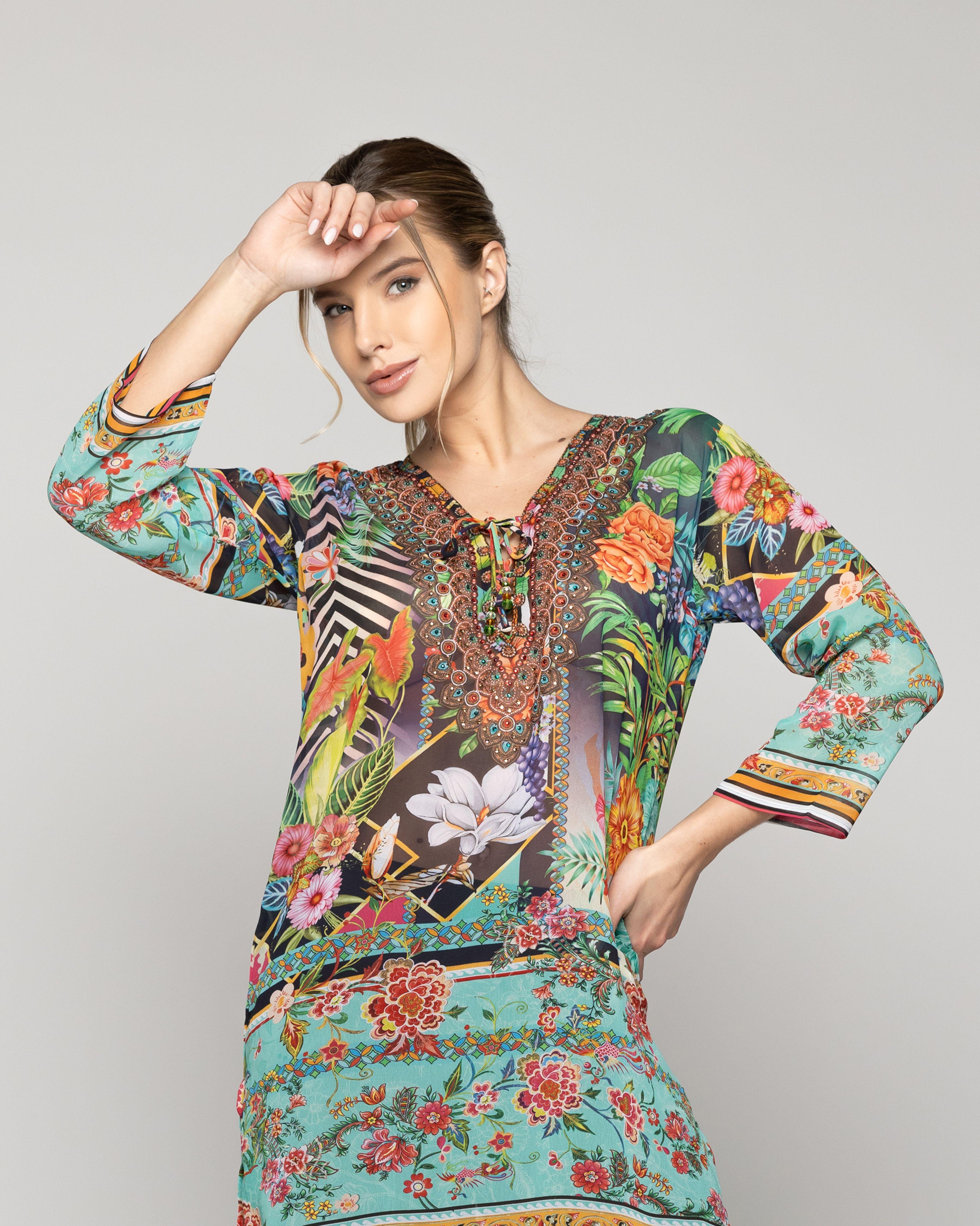 Túnica Mujer Qiana Con Brillos Estampado Étnico Tropical Verde Lineatre-0