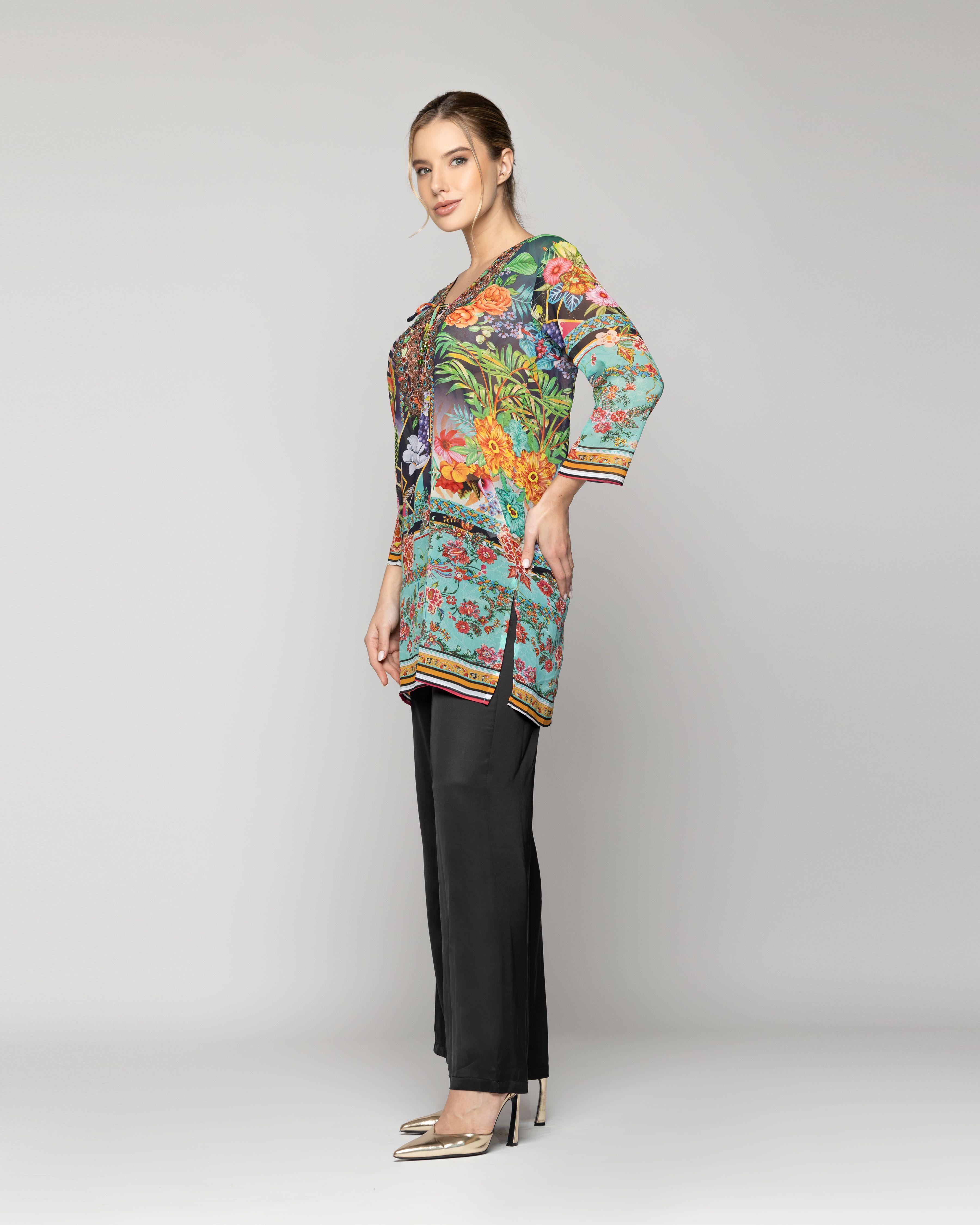 Túnica Mujer Qiana Con Brillos Estampado Étnico Tropical Verde Lineatre-1