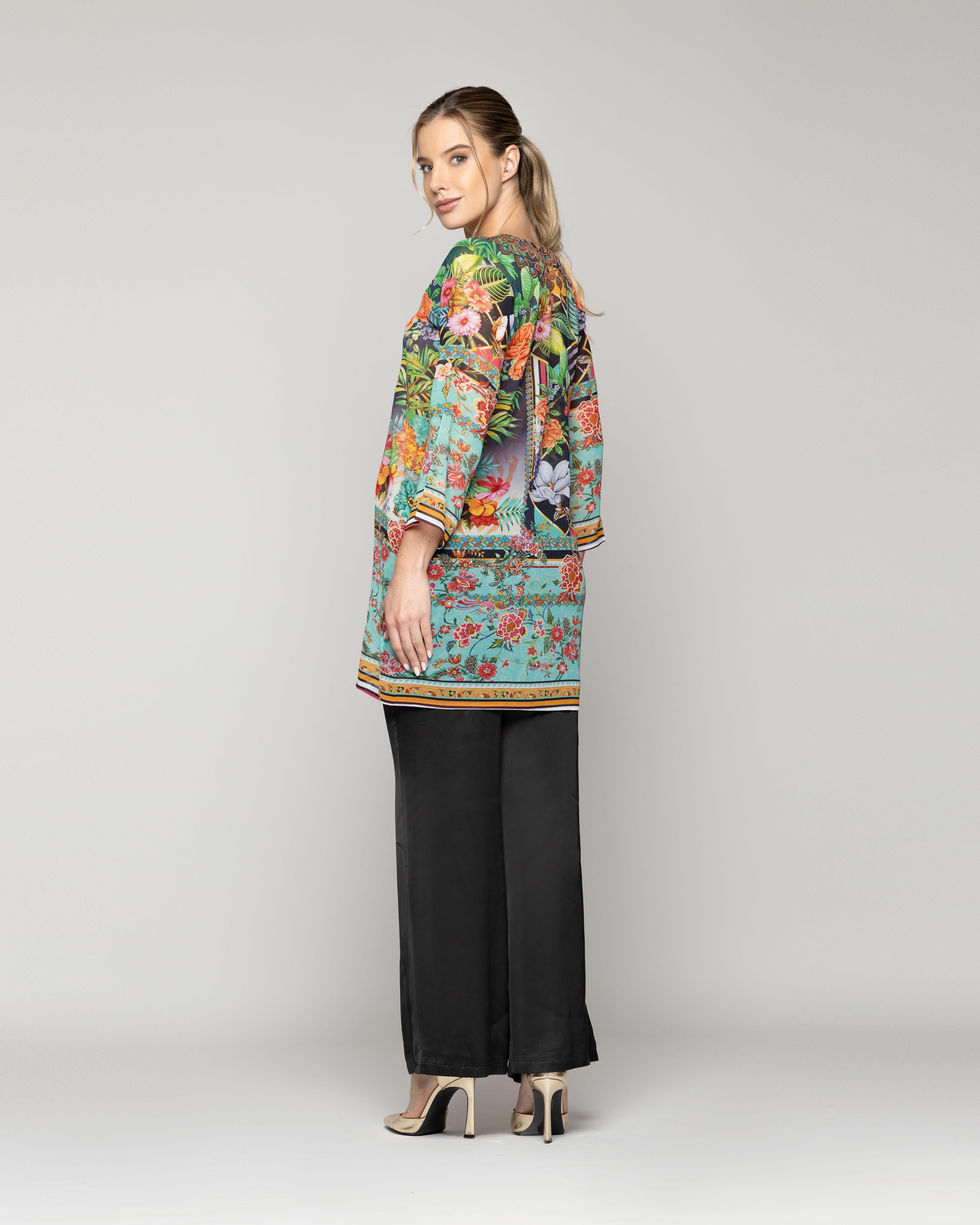 Túnica Mujer Qiana Con Brillos Estampado Étnico Tropical Verde Lineatre-2