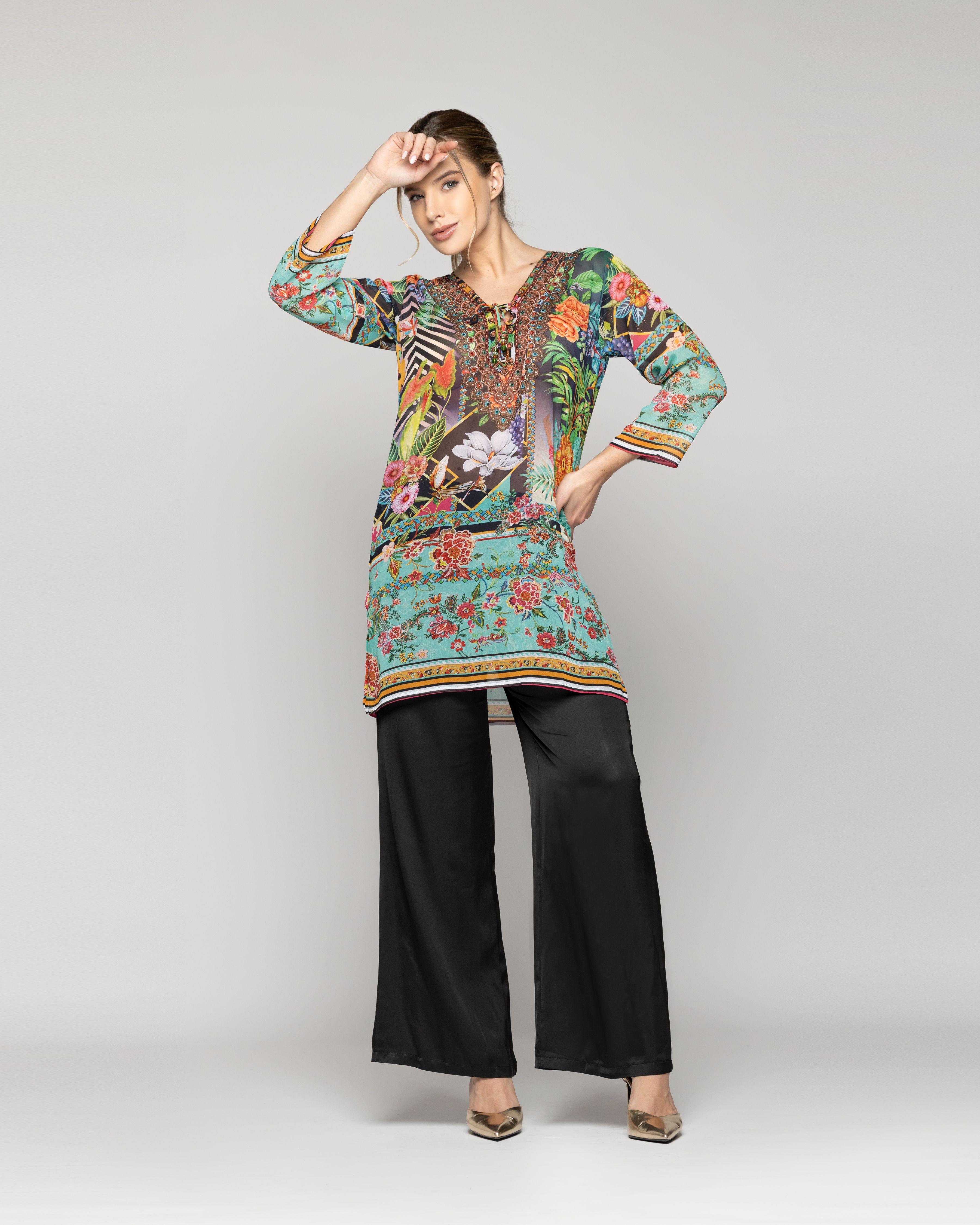 Túnica Mujer Qiana Con Brillos Estampado Étnico Tropical Verde Lineatre-3