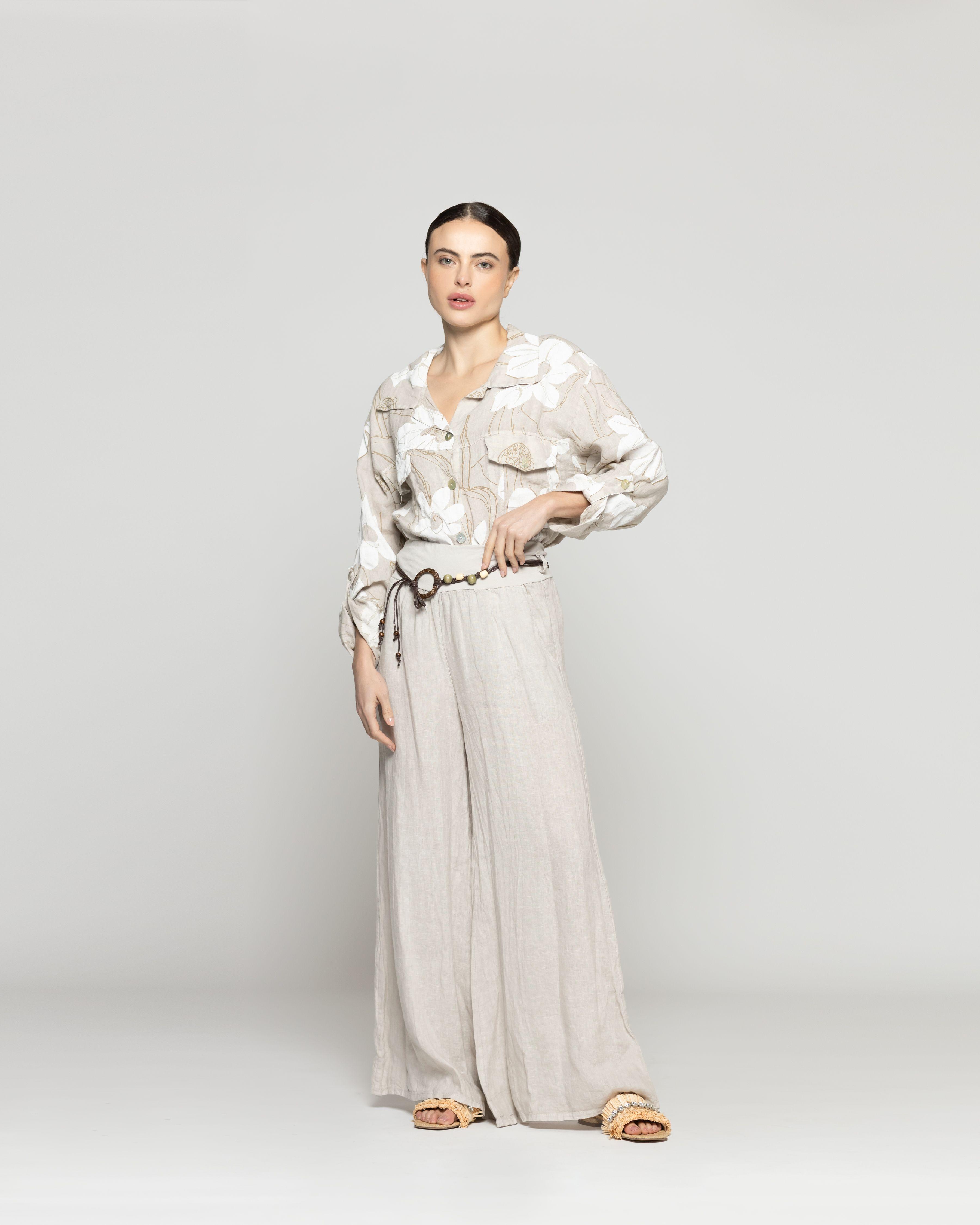 Pantalón Mujer Paola Palazzo De Lino Beige Lineatre-0