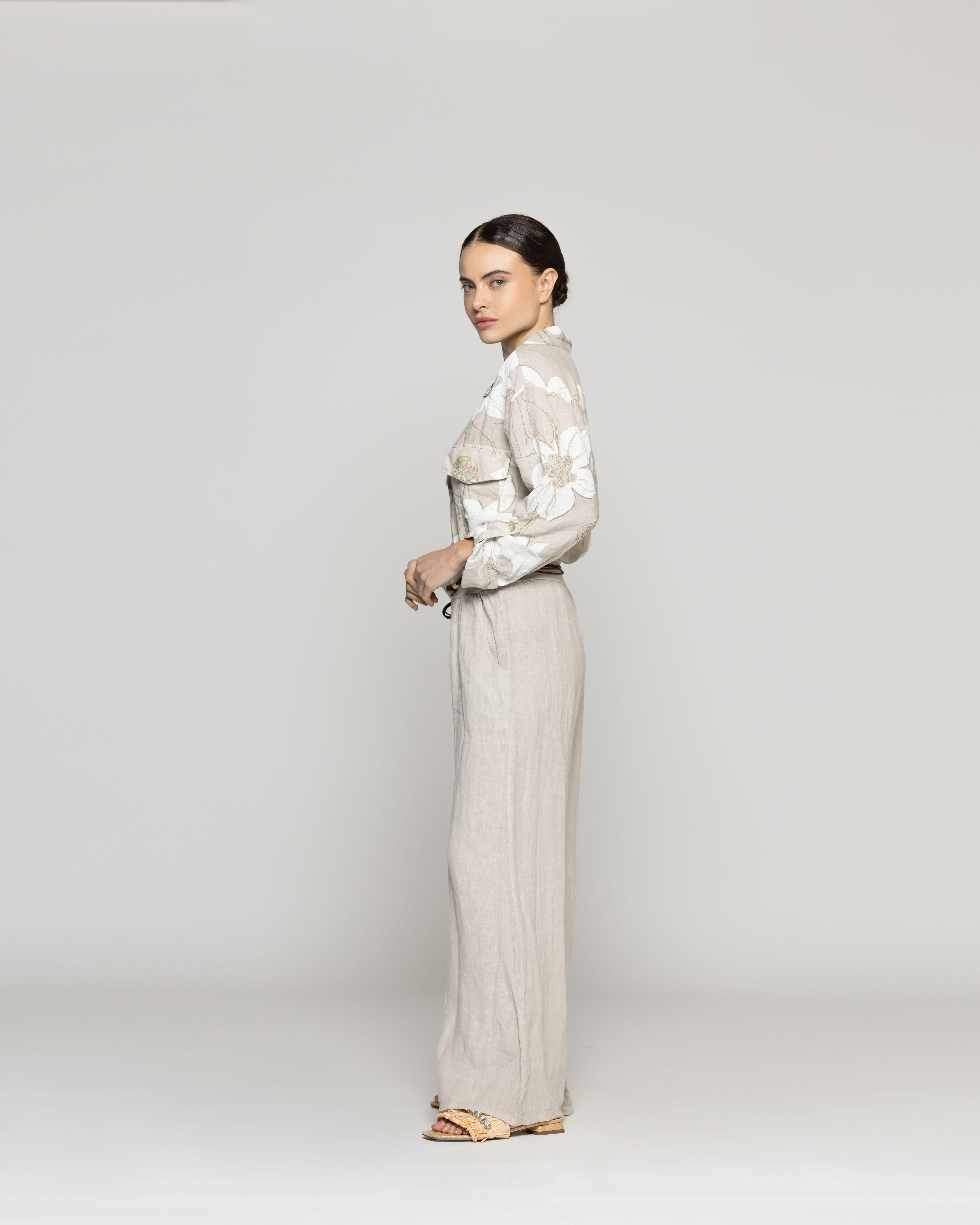 Pantalón Mujer Paola Palazzo De Lino Beige Lineatre-2