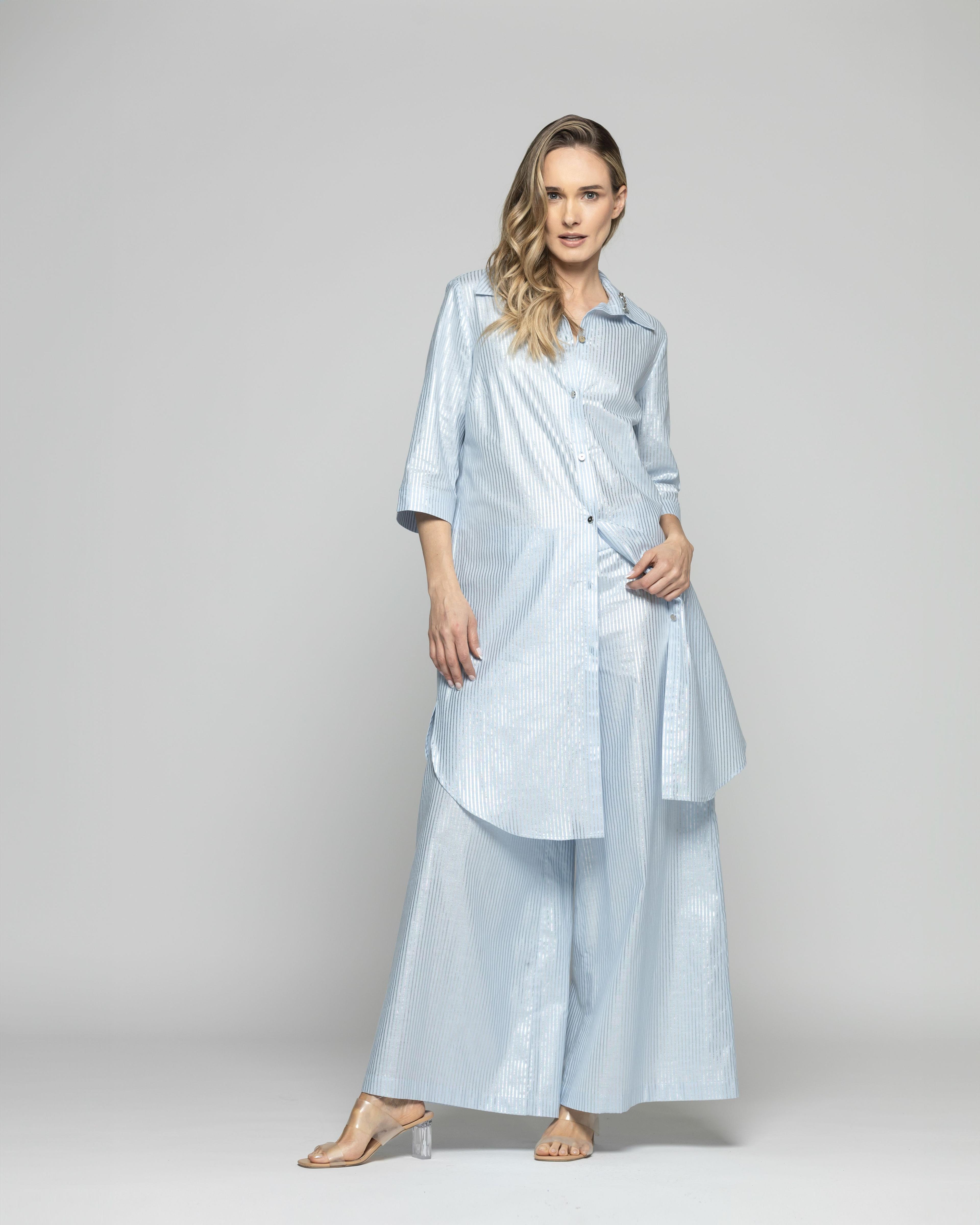 Blusón Mujer Forsythia Camisero Algodón Satinado Rayas Celeste Ludovica-1