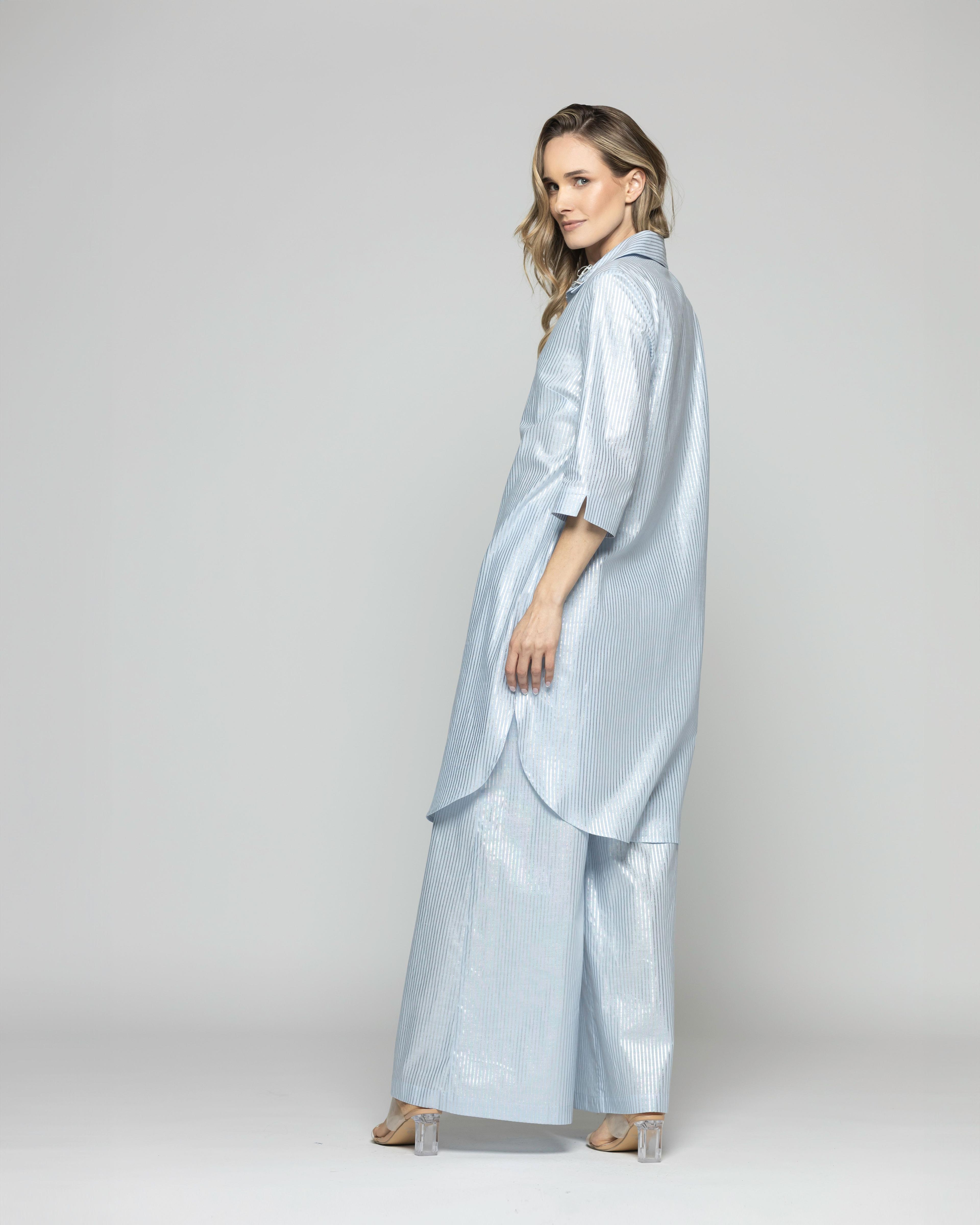 Blusón Mujer Forsythia Camisero Algodón Satinado Rayas Celeste Ludovica-4