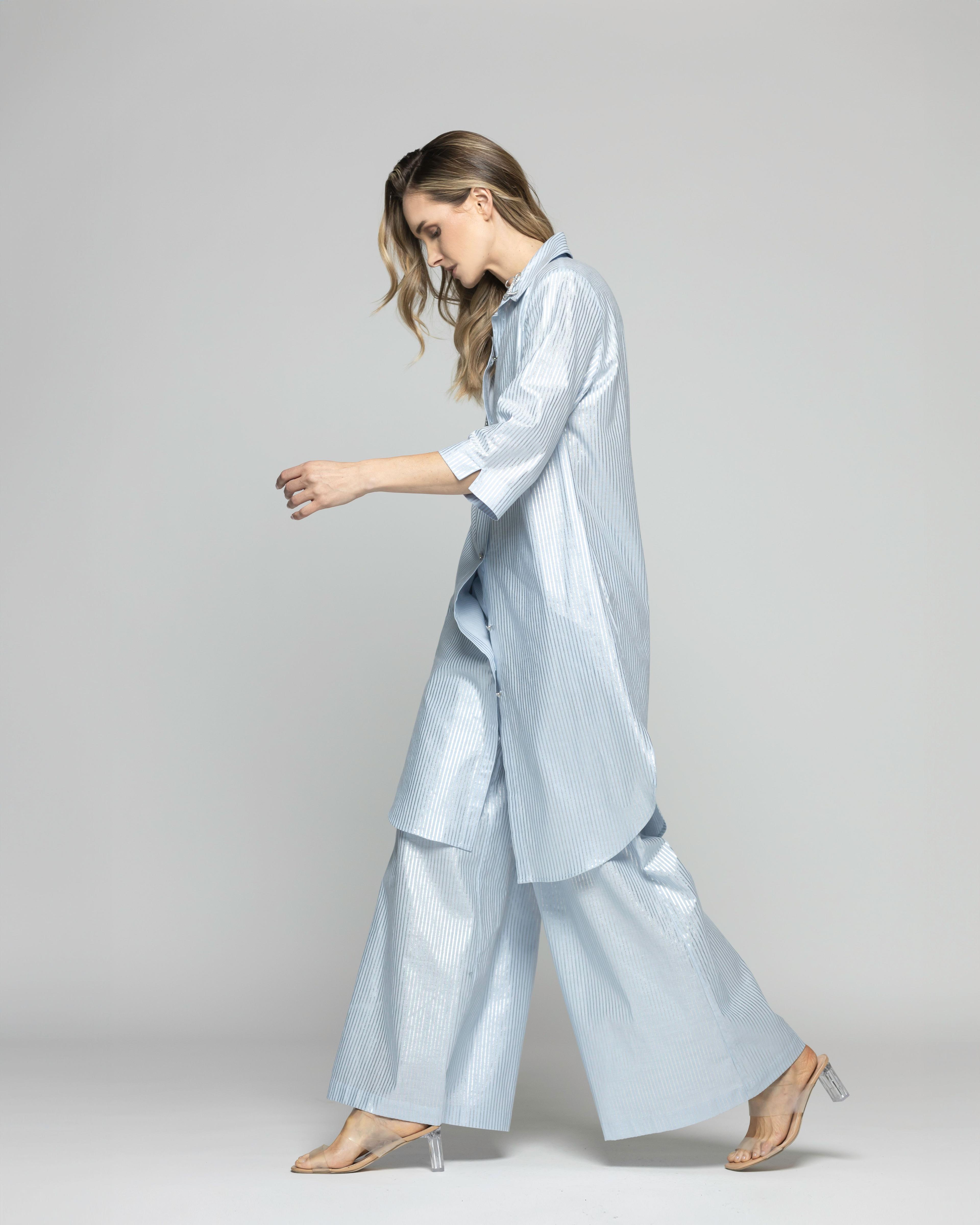 Blusón Mujer Forsythia Camisero Algodón Satinado Rayas Celeste Ludovica-2