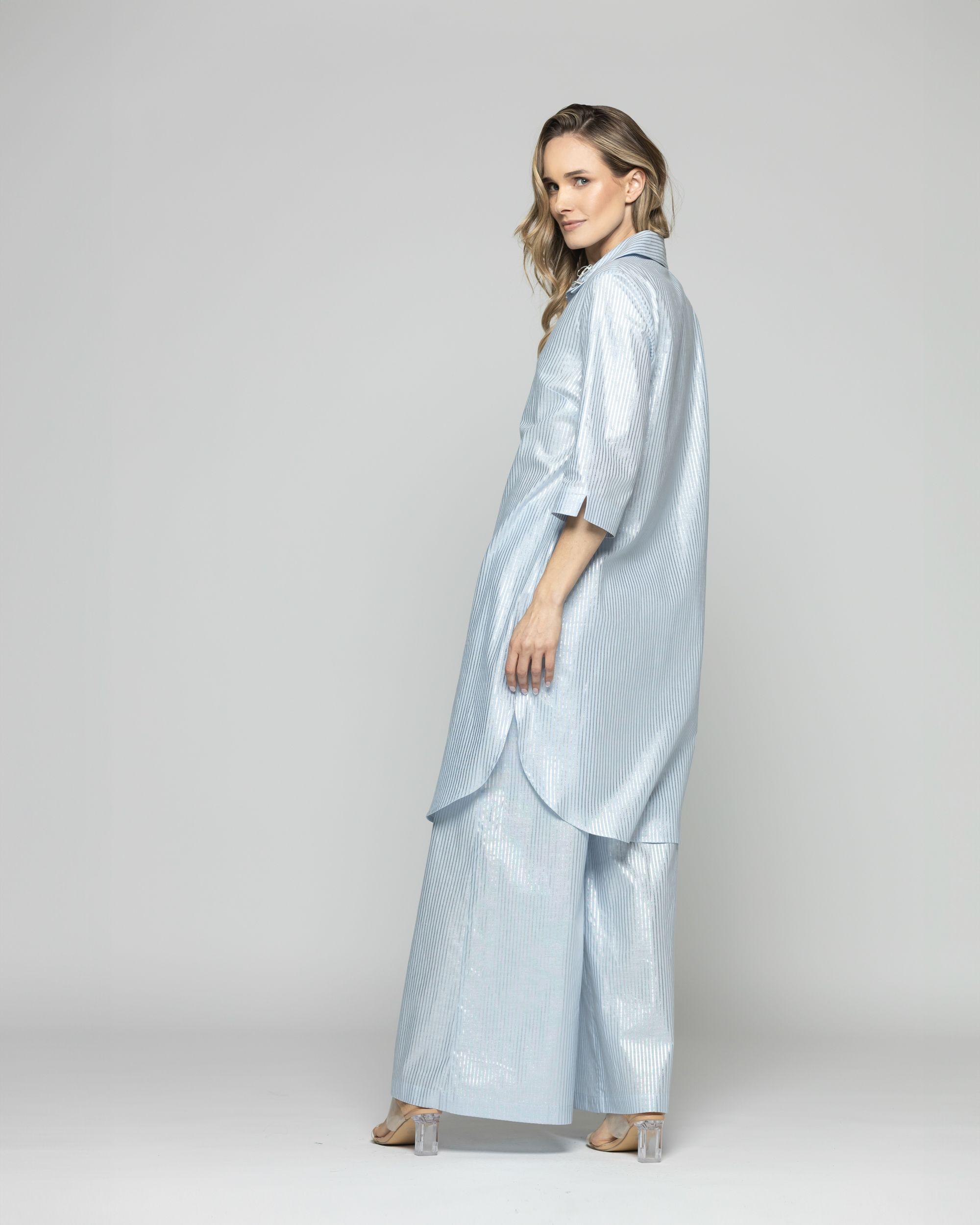 Blusón Mujer Forsythia Camisero Algodón Satinado Rayas Celeste Ludovica-5