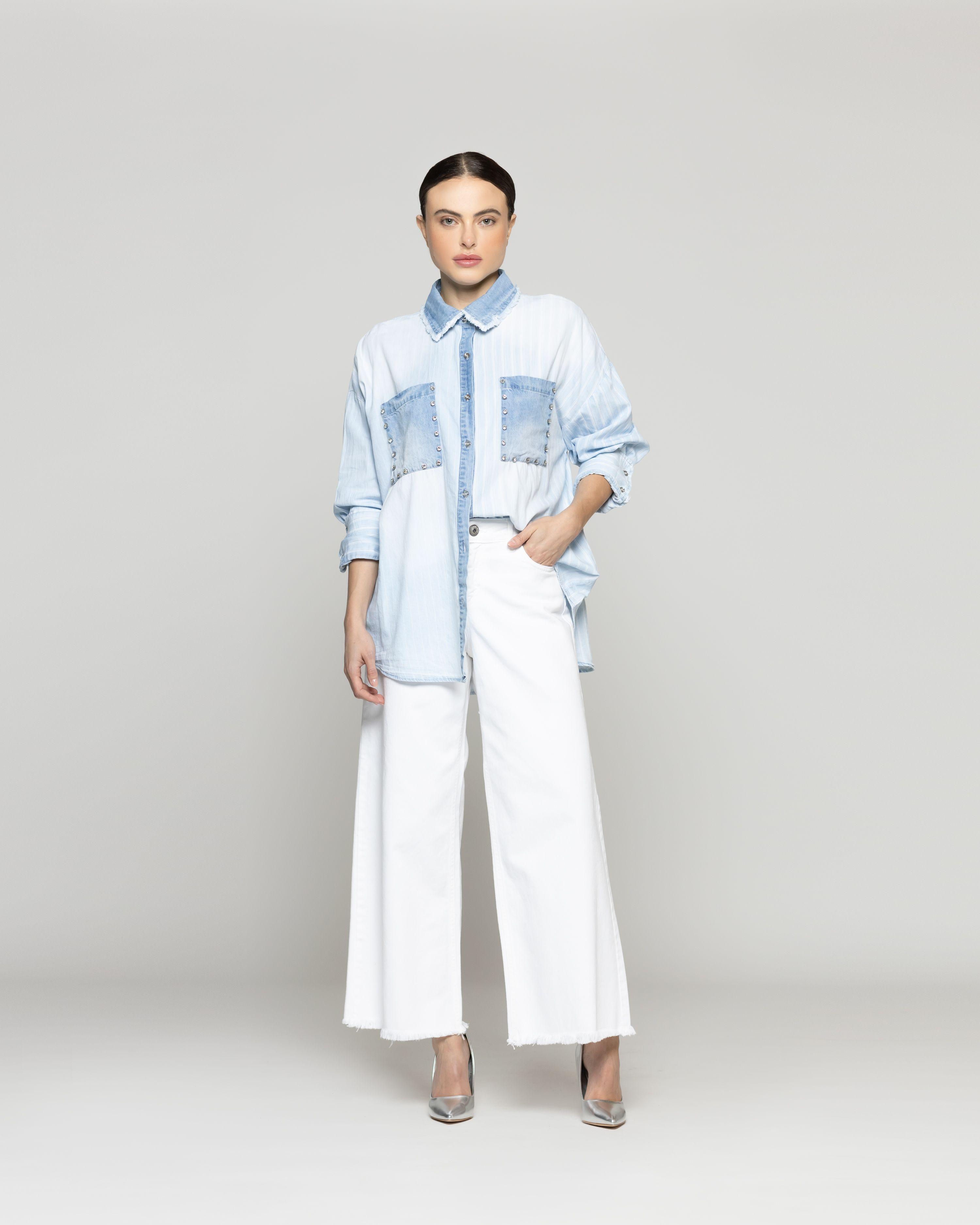 Camisa Mujer Leila Jeans Con Brillos Celeste Lineatre-1