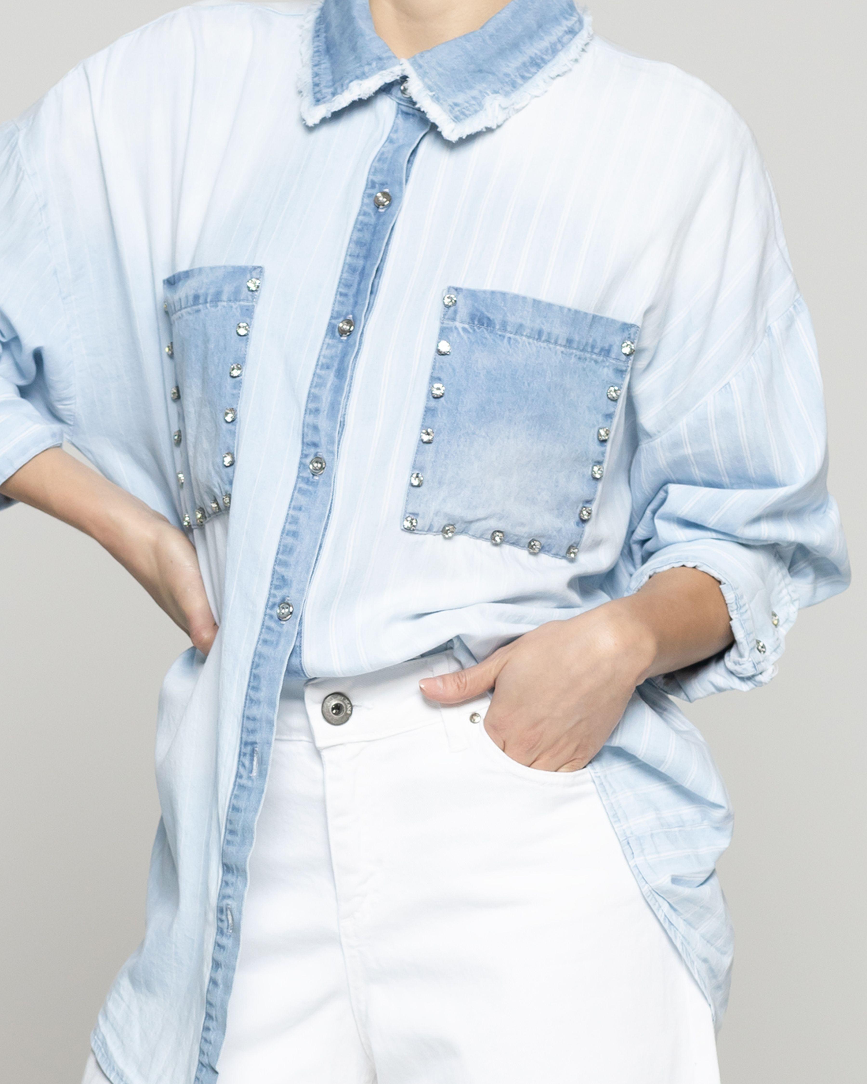 Camisa Mujer Leila Jeans Con Brillos Celeste Lineatre-3