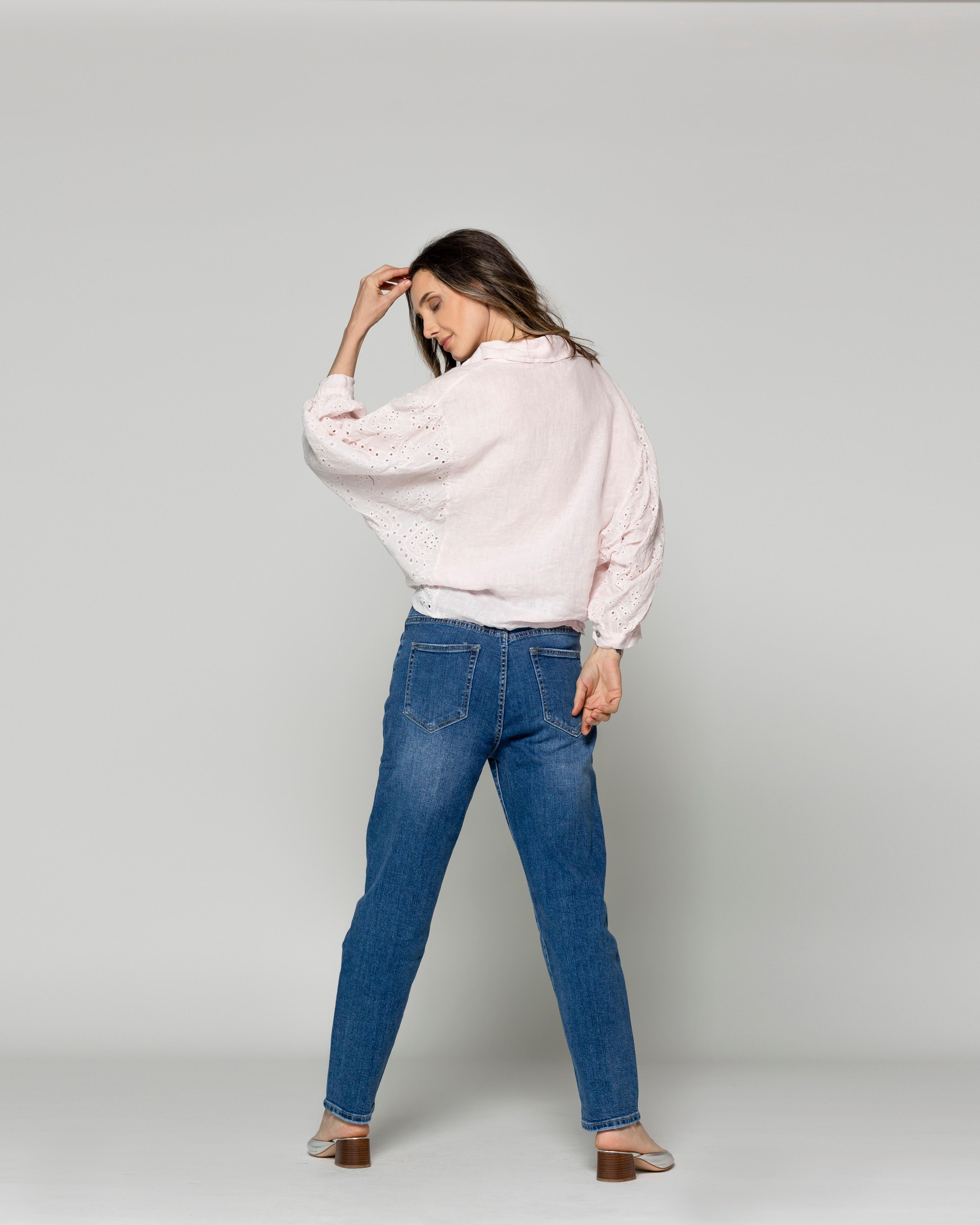 Blusa Mujer Benilda Lino Con Broderie Ajustable En La Cintura Rosada Lineatre-2