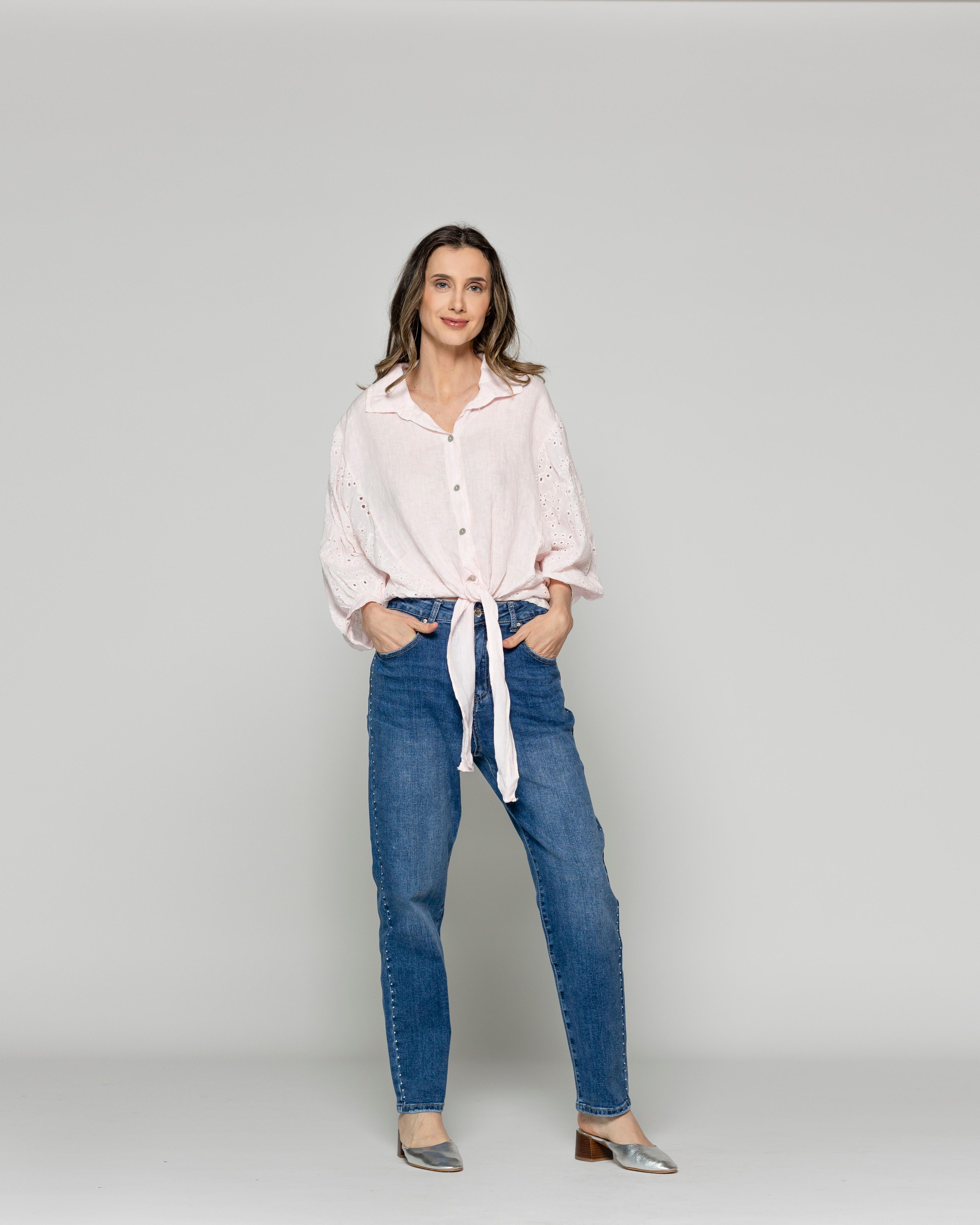 Blusa Mujer Benilda Lino Con Broderie Ajustable En La Cintura Rosada Lineatre-4