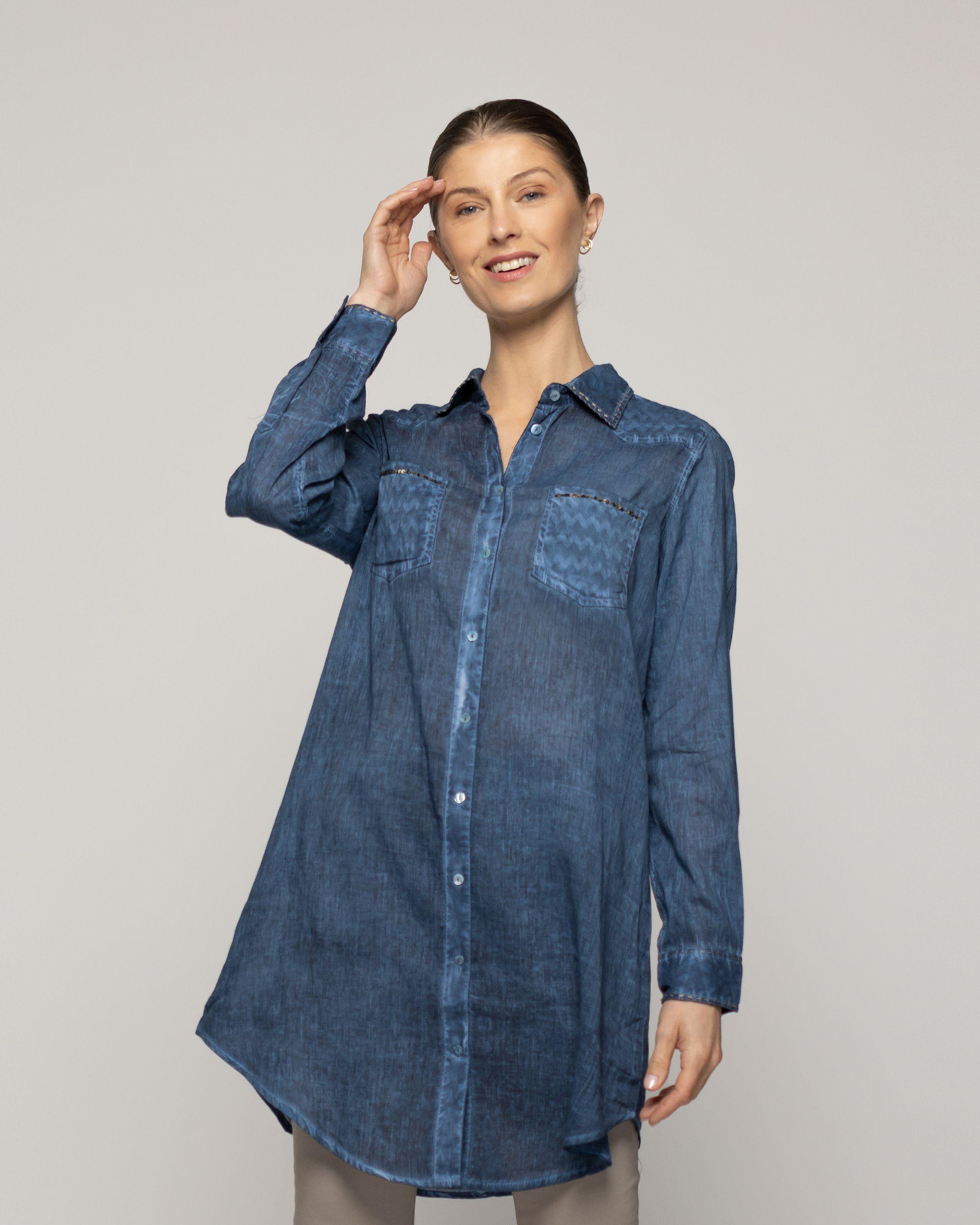 Blusa Mujer Biddy  Larga Tipo Jeans Bolsillo Frontal Y Detalle Lentejuelas Azul Lineatre-0