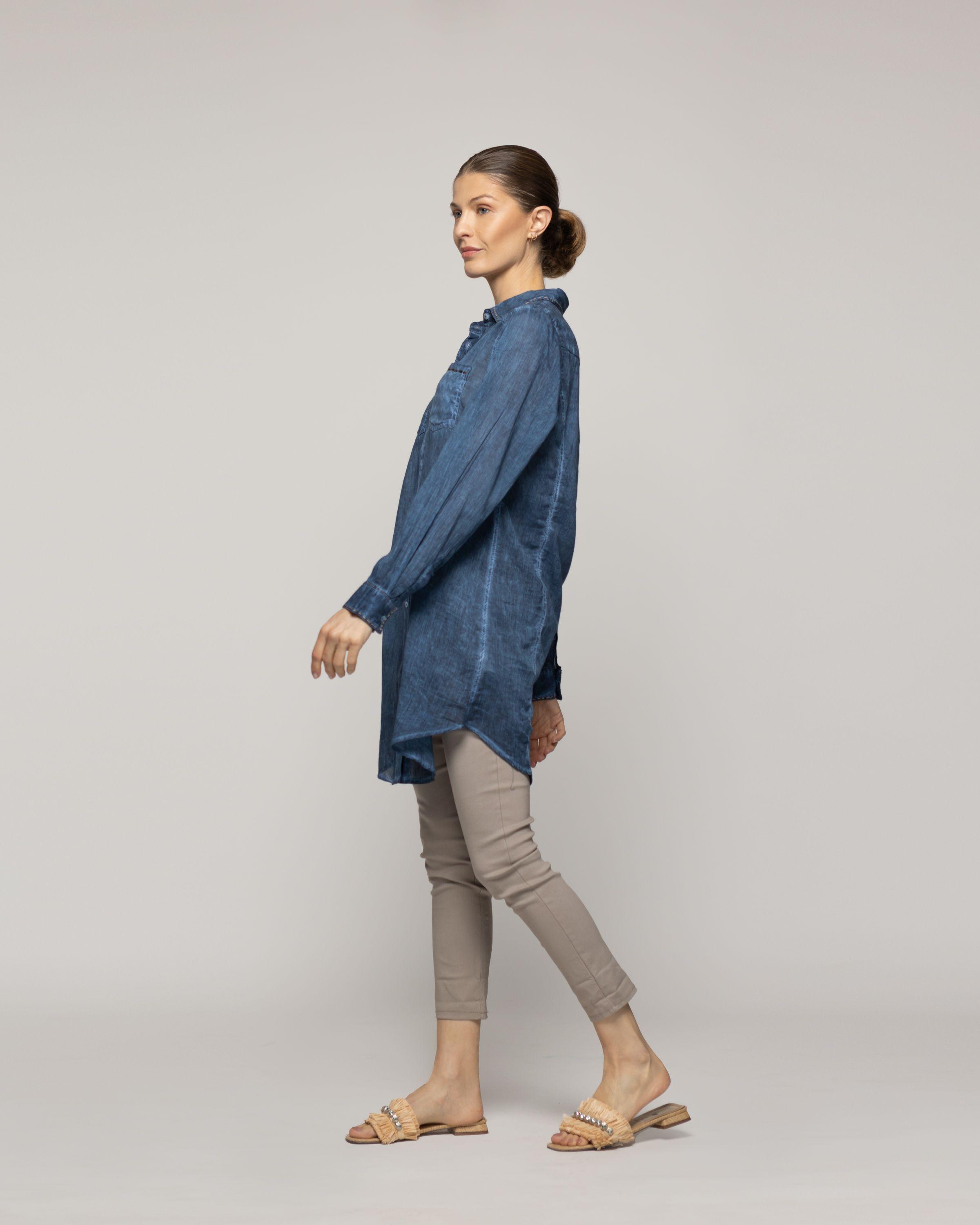 Blusa Mujer Biddy  Larga Tipo Jeans Bolsillo Frontal Y Detalle Lentejuelas Azul Lineatre-1