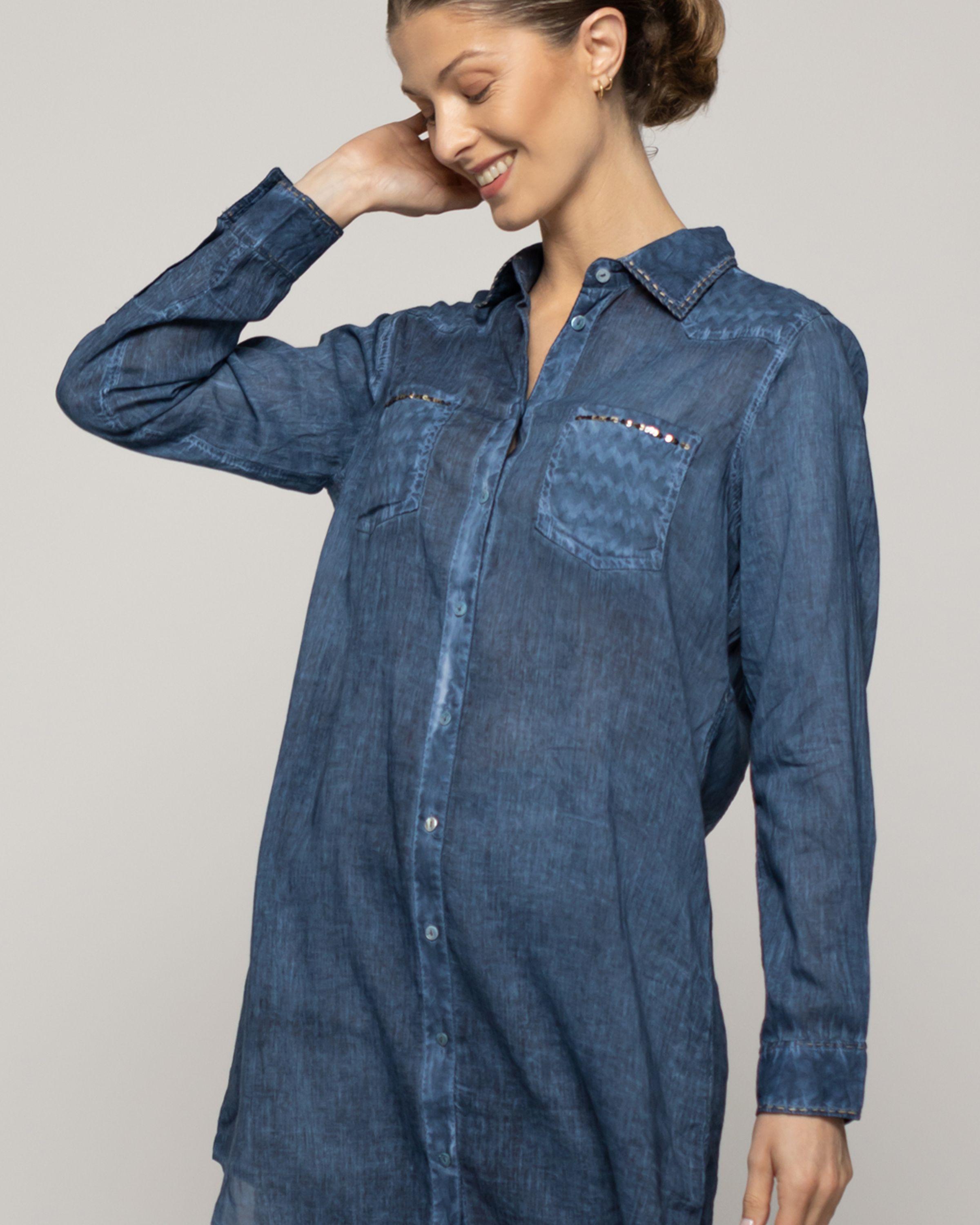 Blusa Mujer Biddy  Larga Tipo Jeans Bolsillo Frontal Y Detalle Lentejuelas Azul Lineatre-3