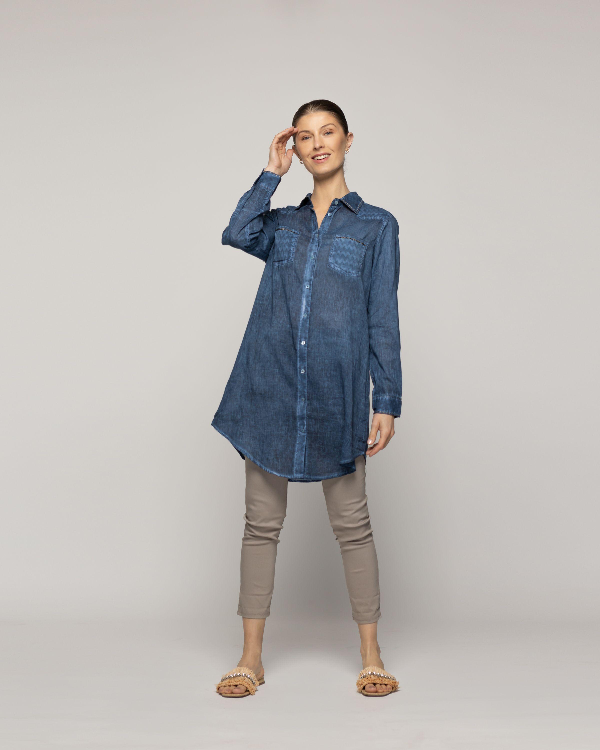 Blusa Mujer Biddy  Larga Tipo Jeans Bolsillo Frontal Y Detalle Lentejuelas Azul Lineatre-4