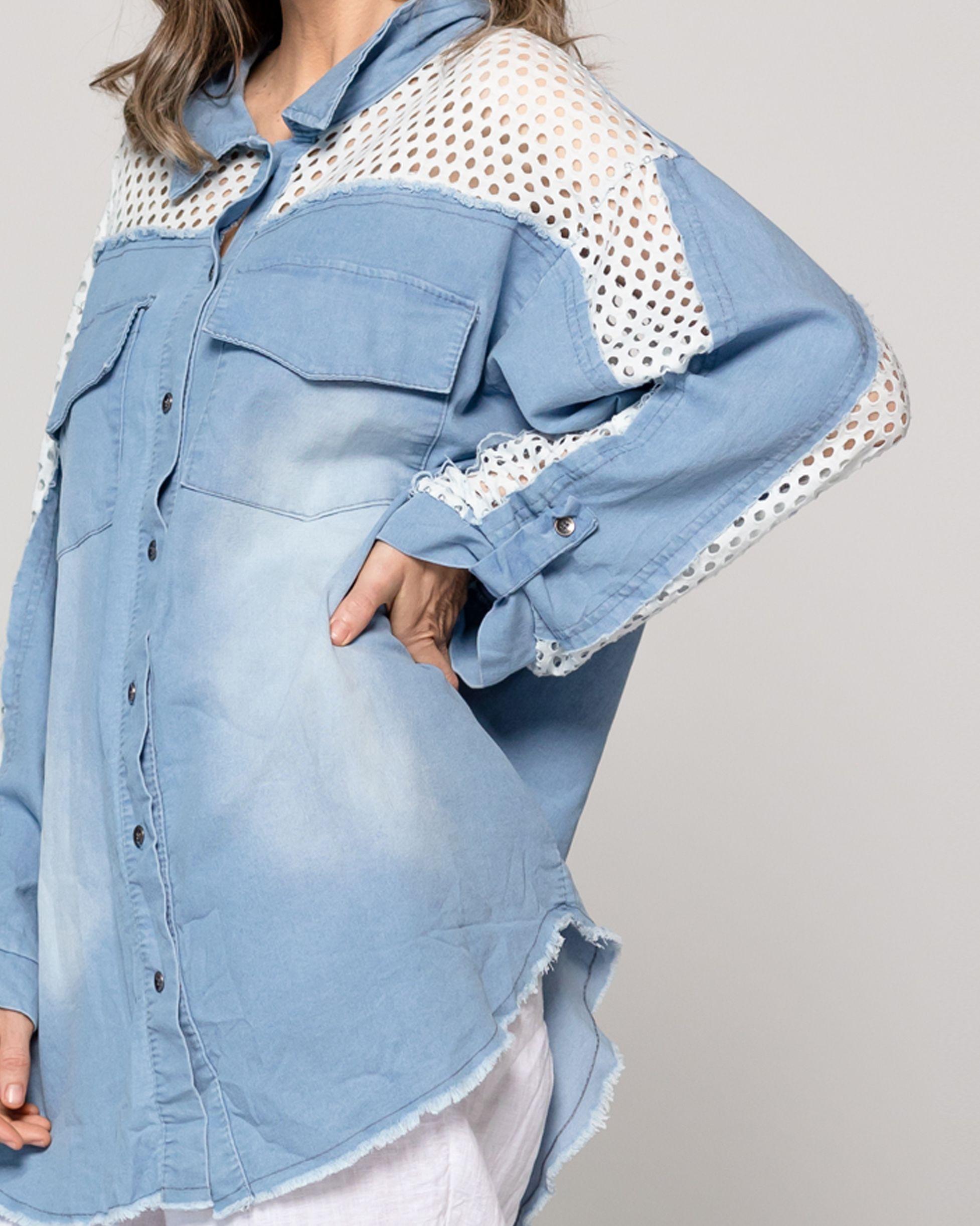 Camisa Mujer Lavinia Oversize Con Detalle Calado Celeste Lineatre-3