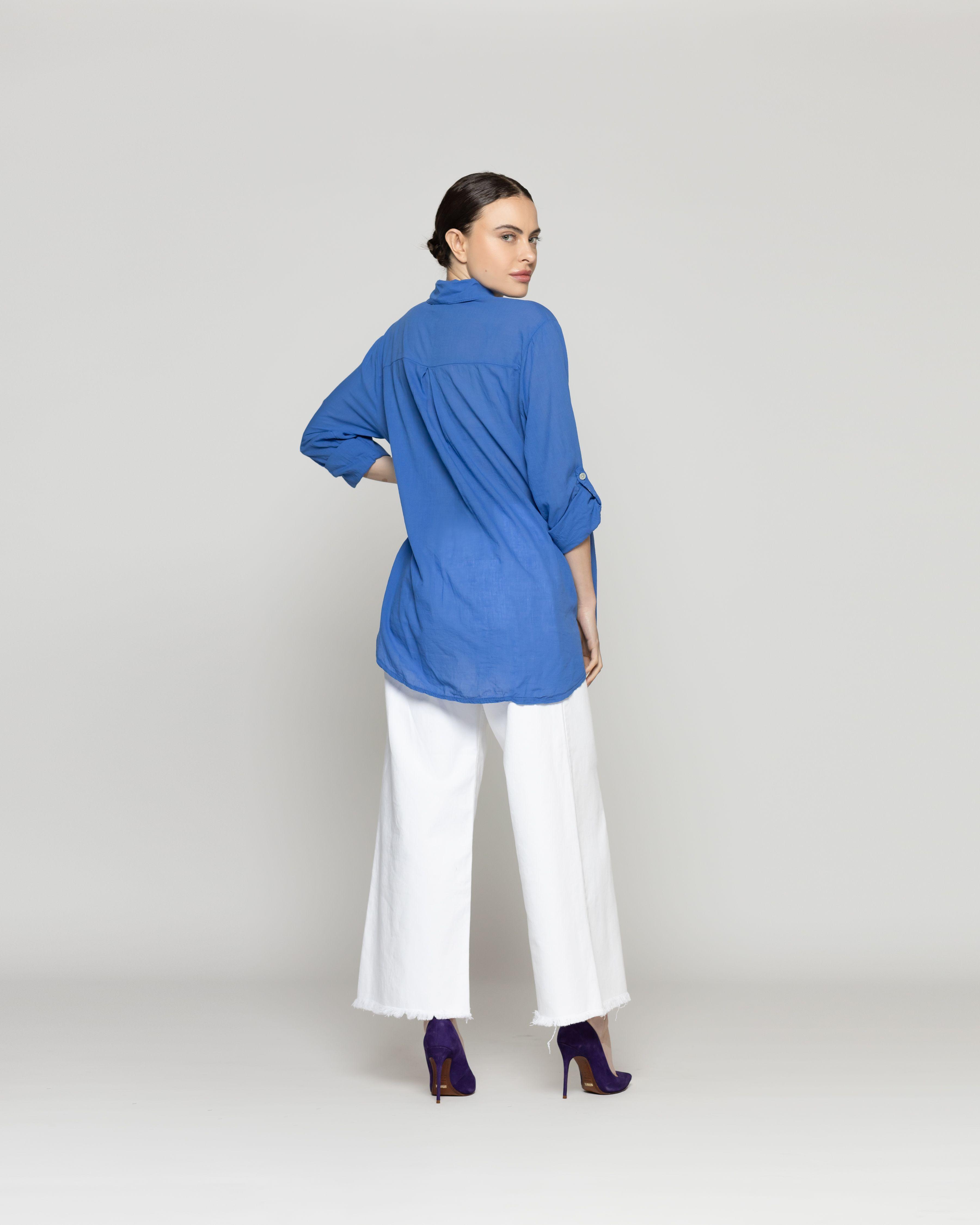 Blusa MujerBetsabe  de Algodón Manga Larga Lisa Azul Lineatre-3
