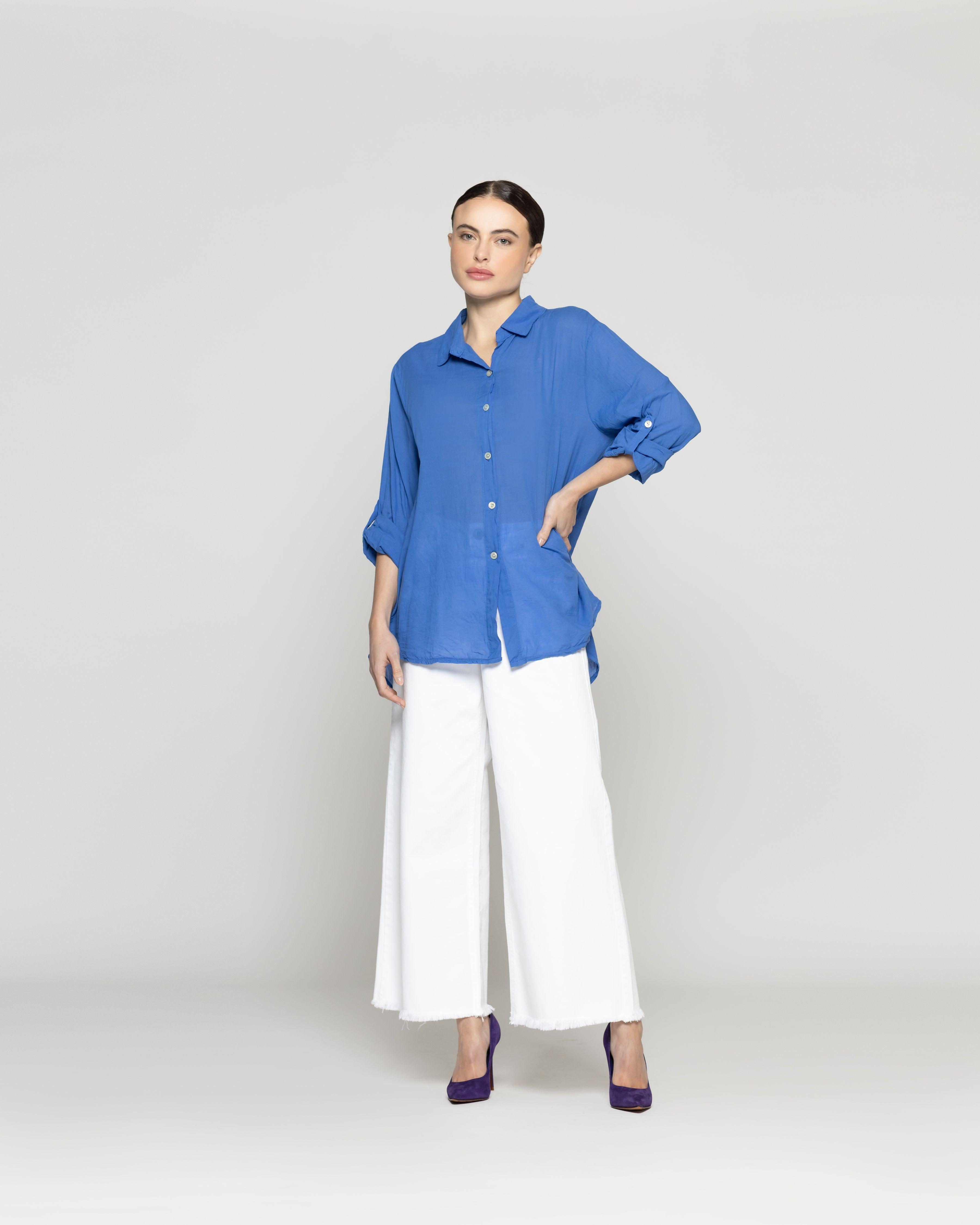Blusa MujerBetsabe  de Algodón Manga Larga Lisa Azul Lineatre-4