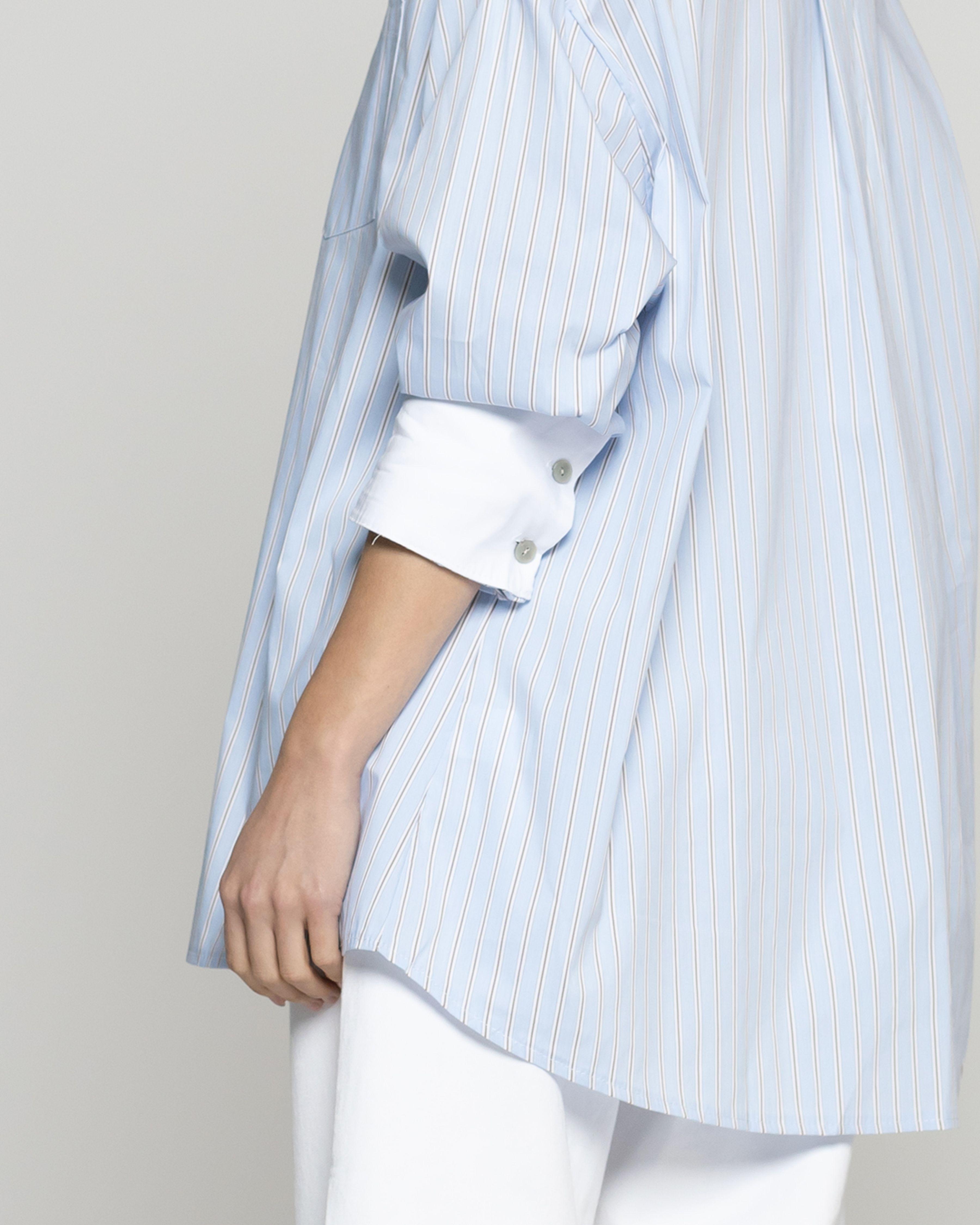 Camisa Mujer Leila Oversize Con Cuello Y Puño Blanco A Rayas Celeste Lineatre-2