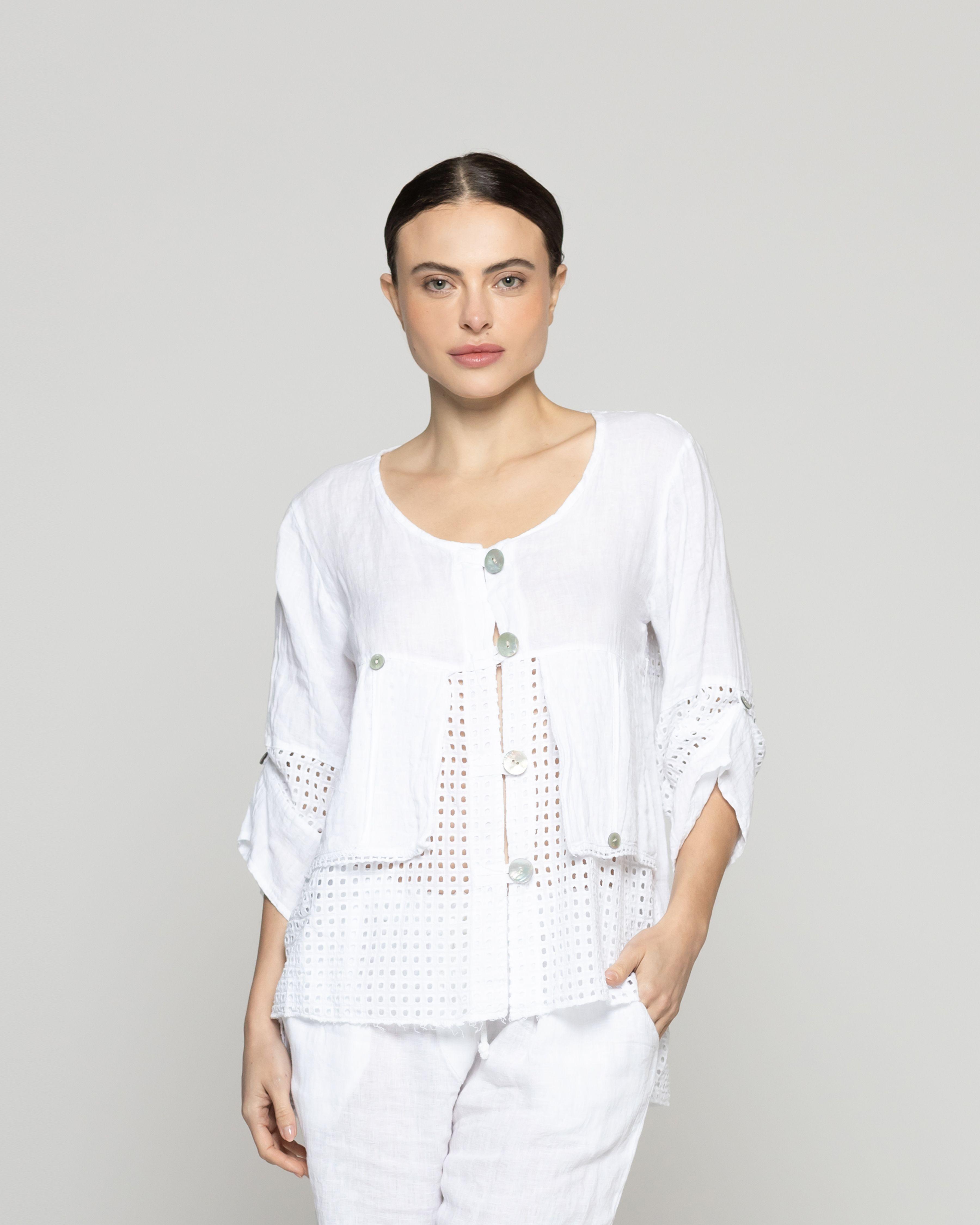 Chaqueta Mujer Celestina De Lino Con Botones Y Detalles Calados Blanca Lineatre-0