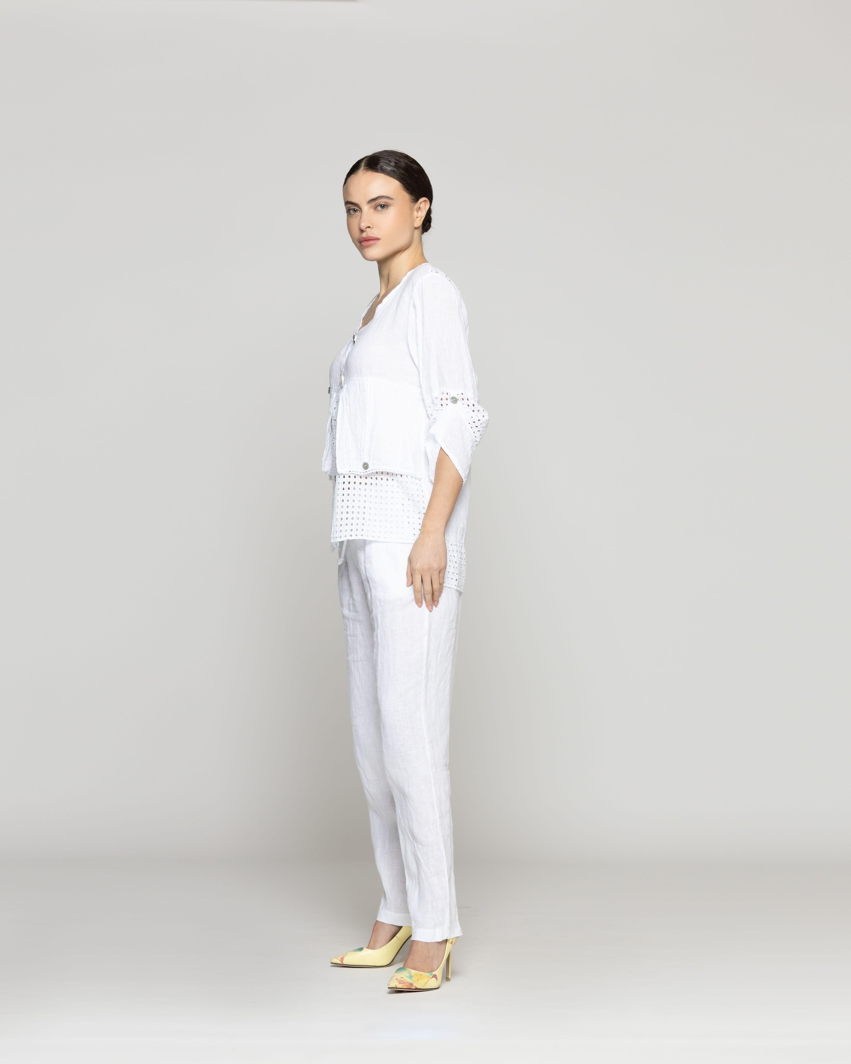Chaqueta Mujer Celestina De Lino Con Botones Y Detalles Calados Blanca Lineatre-1