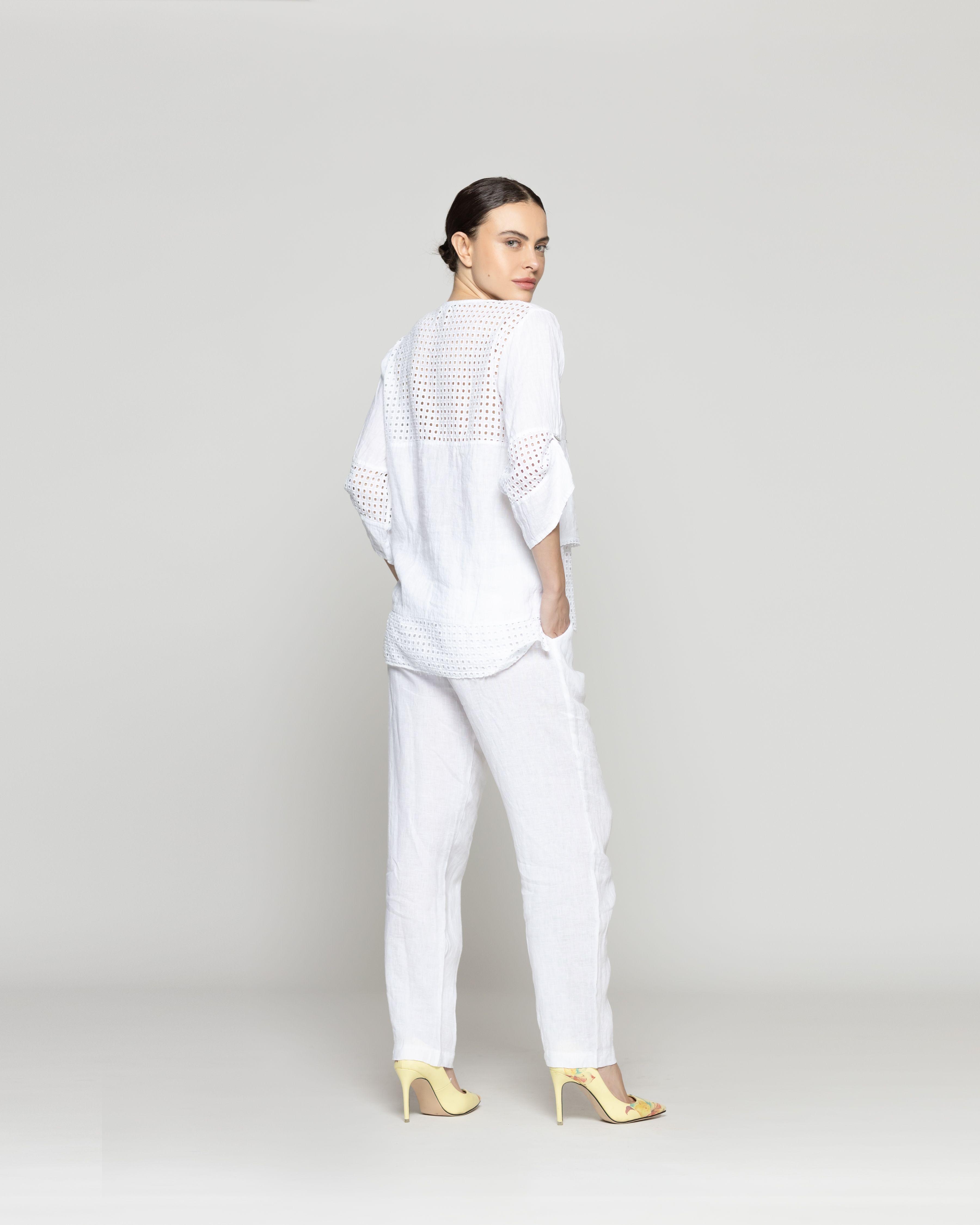 Chaqueta Mujer Celestina De Lino Con Botones Y Detalles Calados Blanca Lineatre-3