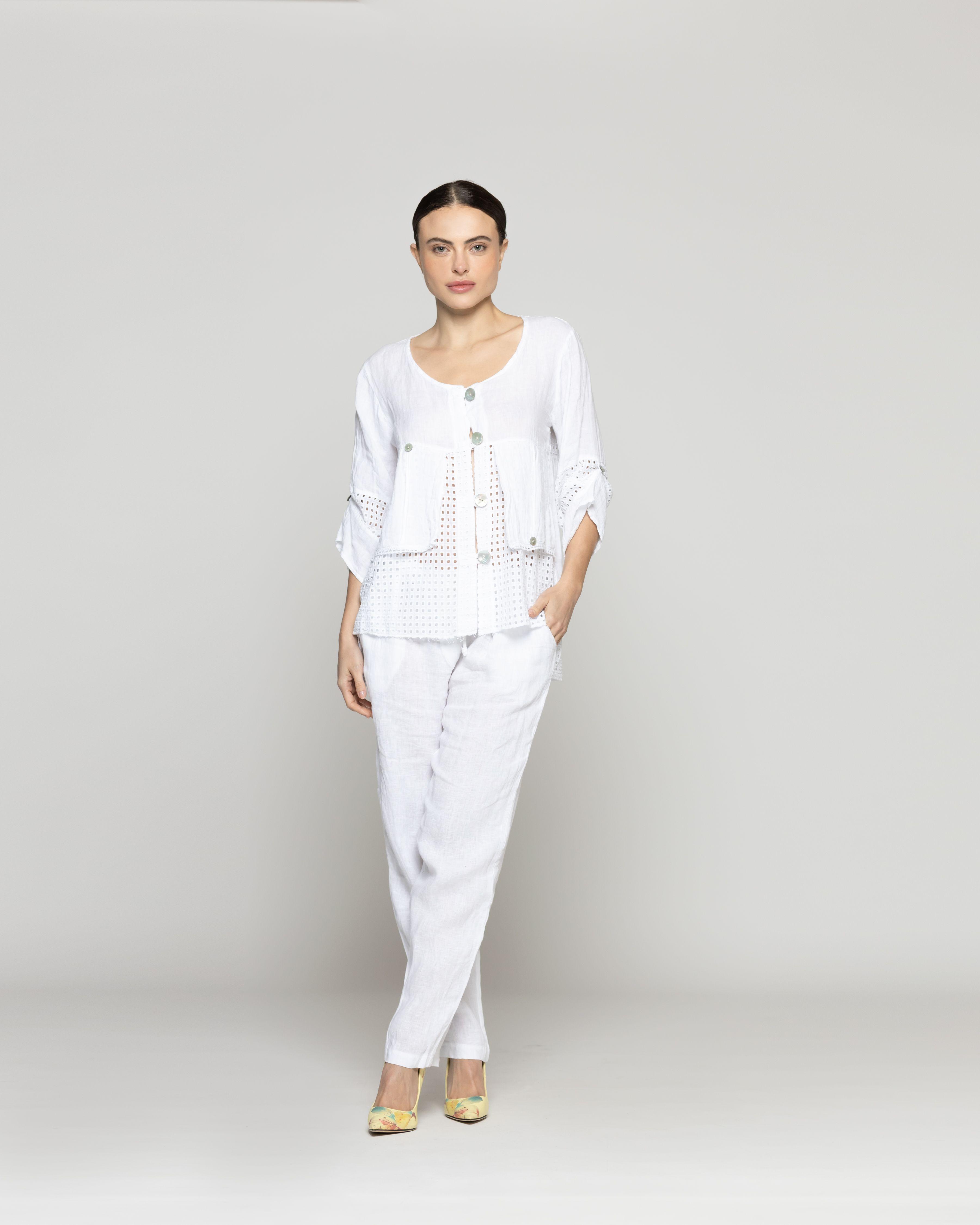 Chaqueta Mujer Celestina De Lino Con Botones Y Detalles Calados Blanca Lineatre-4