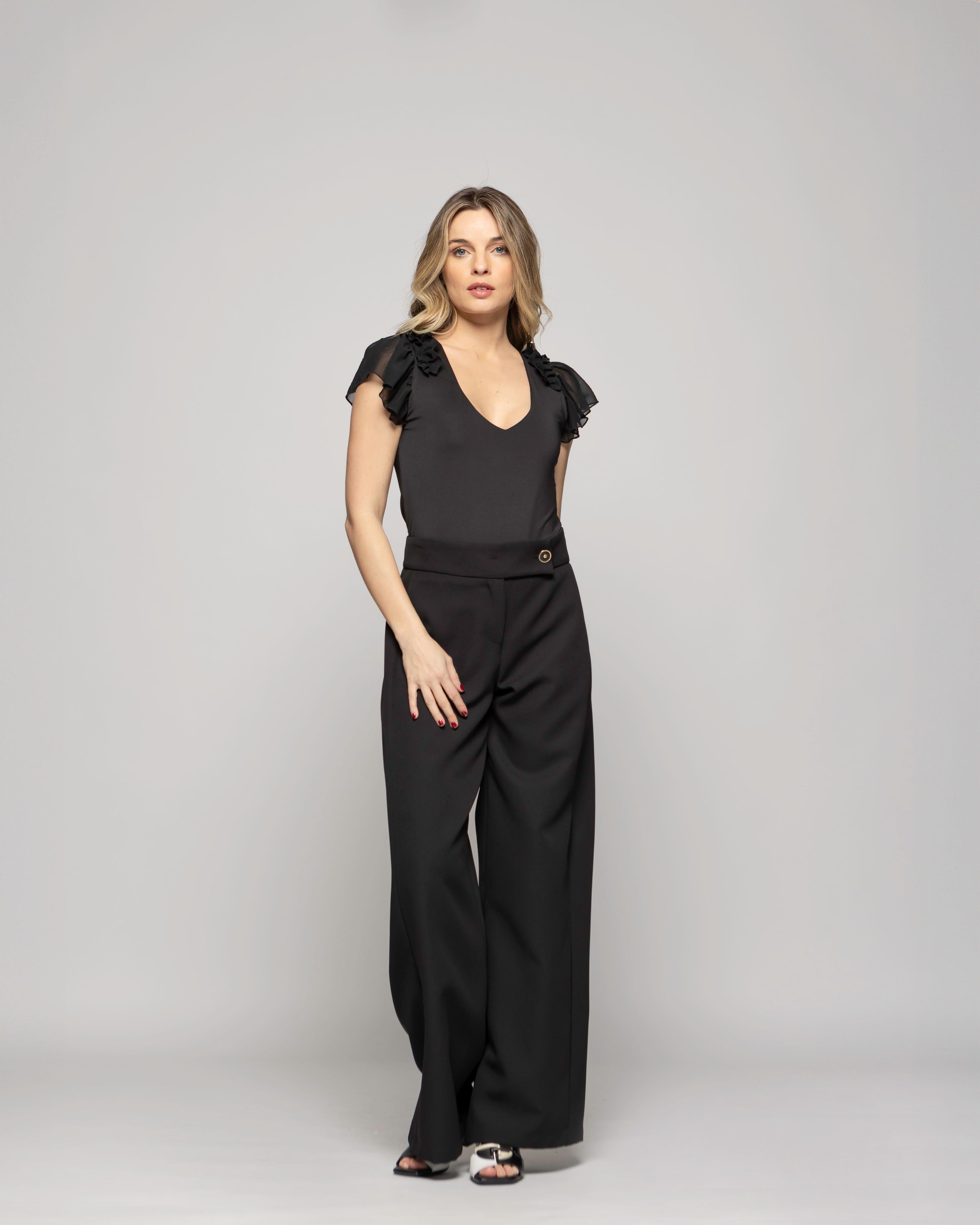 Body Mujer Astromelia Escote V Manga Corta Con Vuelos Negro Ludvica-1