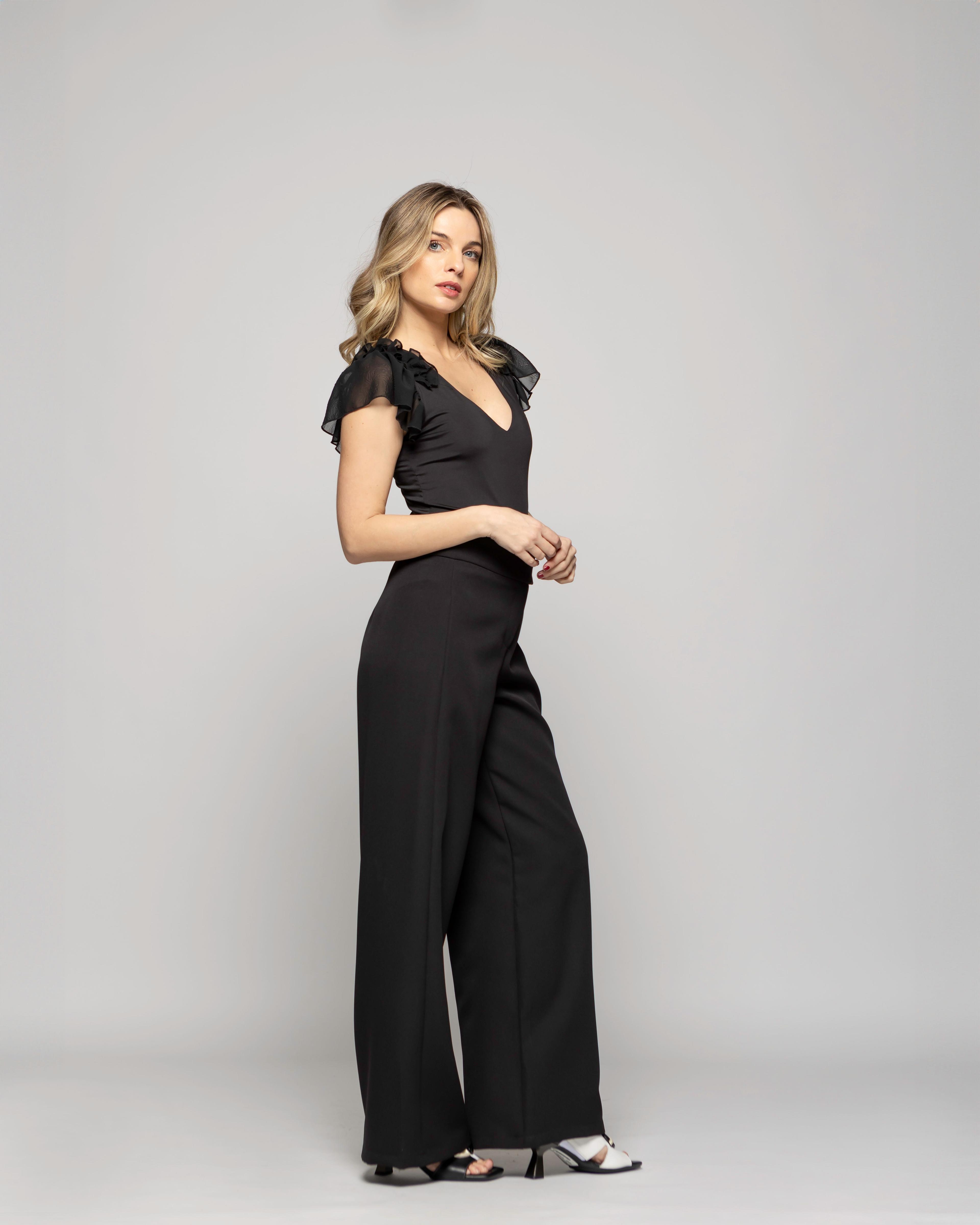 Body Mujer Astromelia Escote V Manga Corta Con Vuelos Negro Ludvica-5