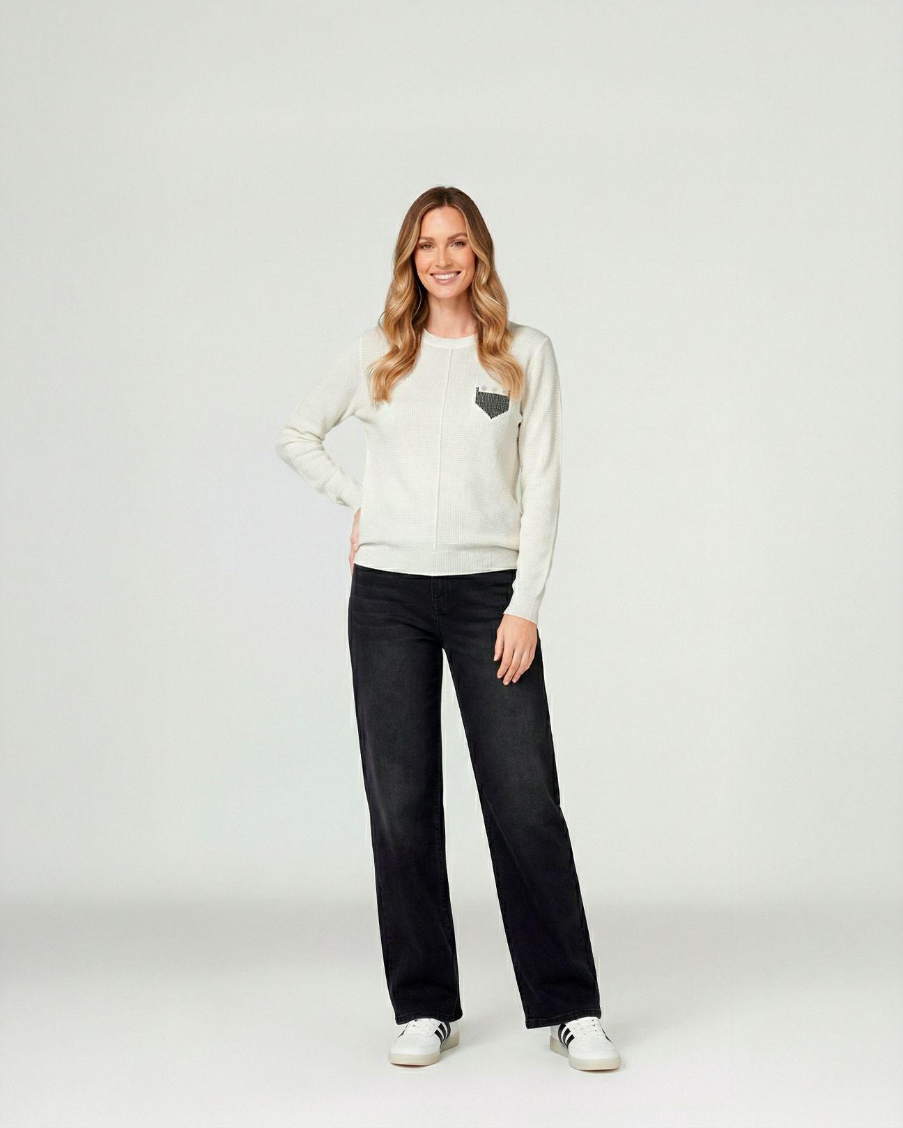 Sweater Mujer Renata Relaxed Cuello Redondo Manga Caída Blanco Lineatre-3