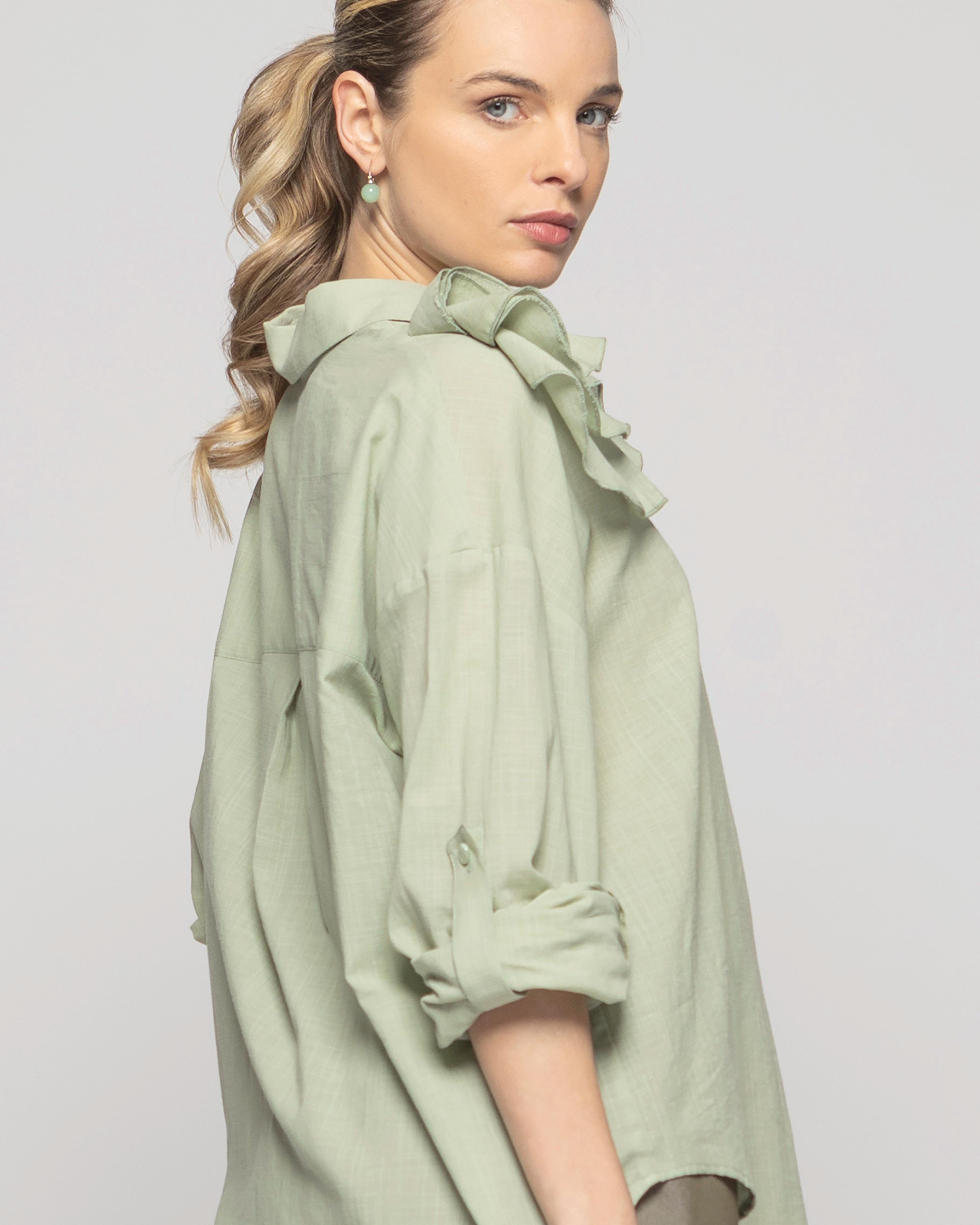 Blusa Mujer Buganvilla Camisera Viscosa Manga Larga Detalle Flor Verde Salvia Ludovica-6