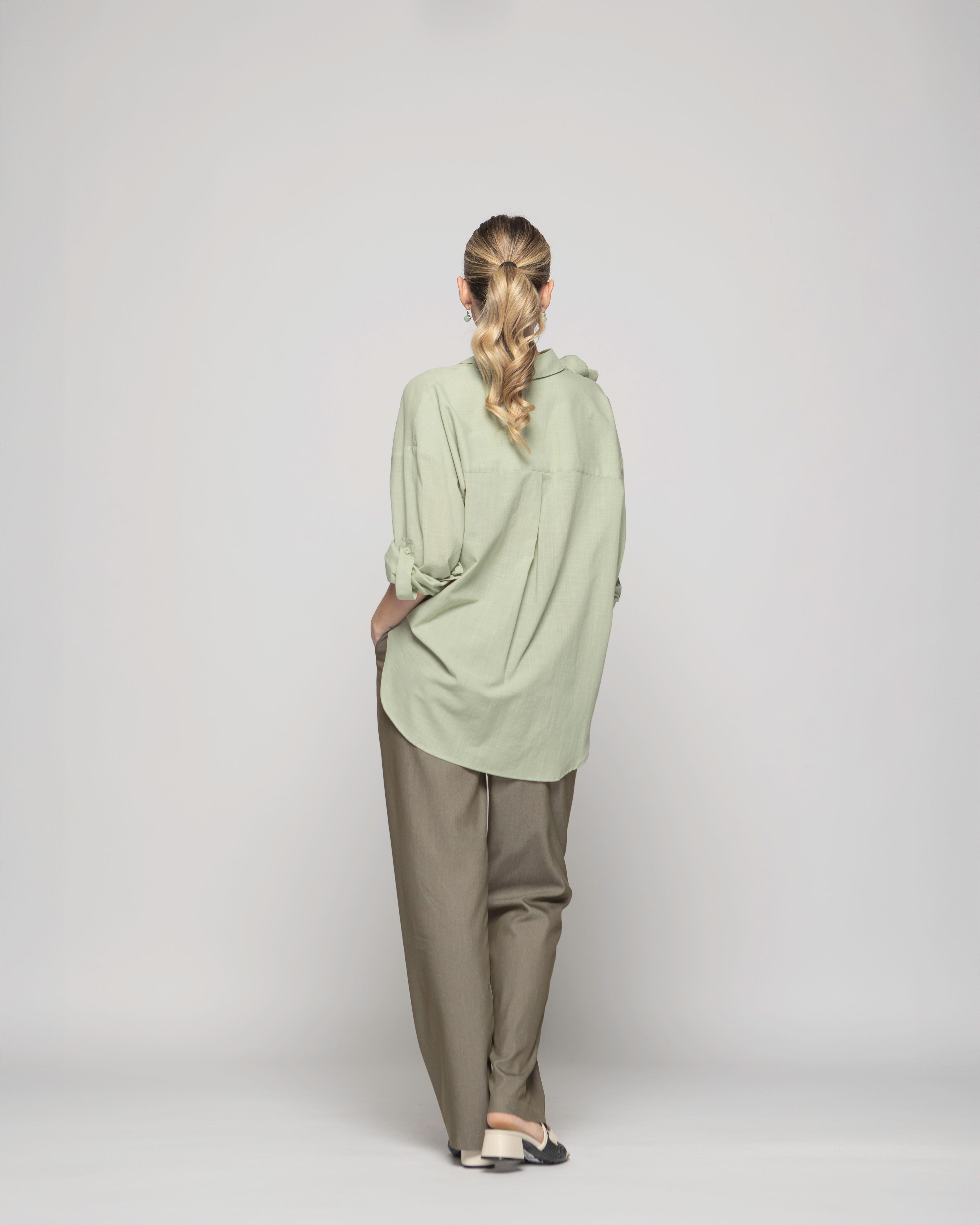 Blusa Mujer Buganvilla Camisera Viscosa Manga Larga Detalle Flor Verde Salvia Ludovica-8