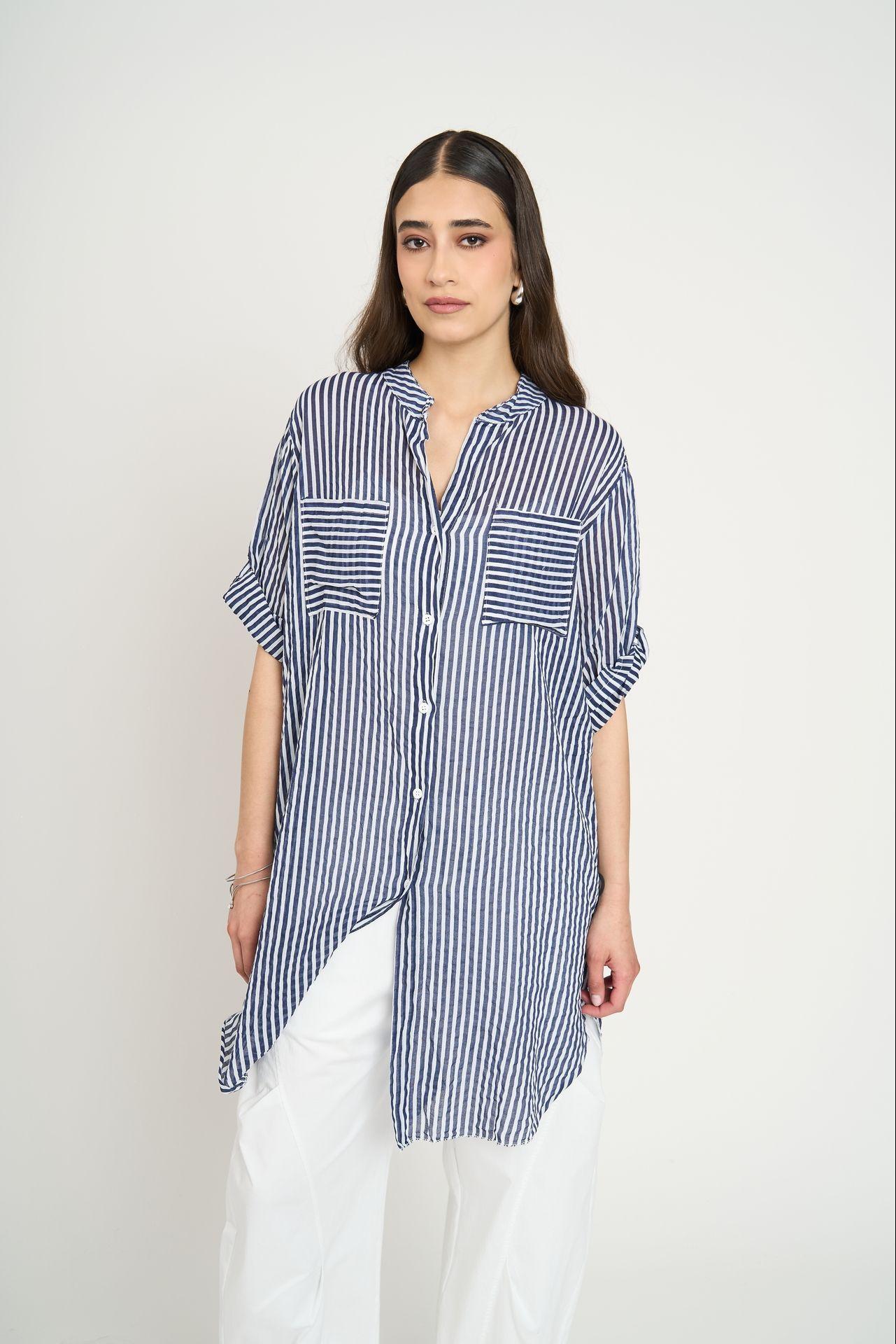 Blusón Camisero Largo a Rayas Azul Marino-0