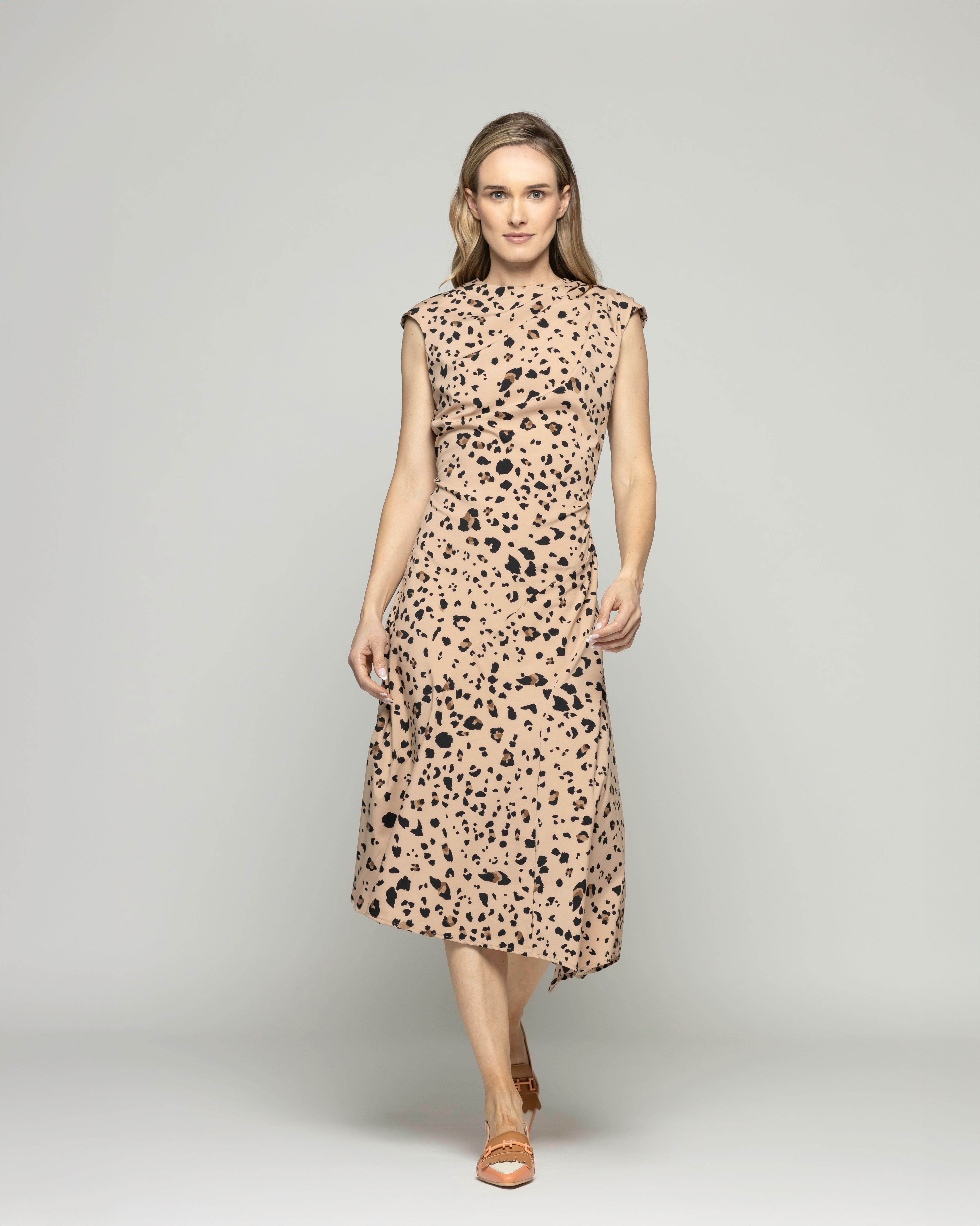 Vestido Mujer Yareta Midi Escote Redondo Hombro Drapeado Animal Print Leopardo Café Ludovica-0