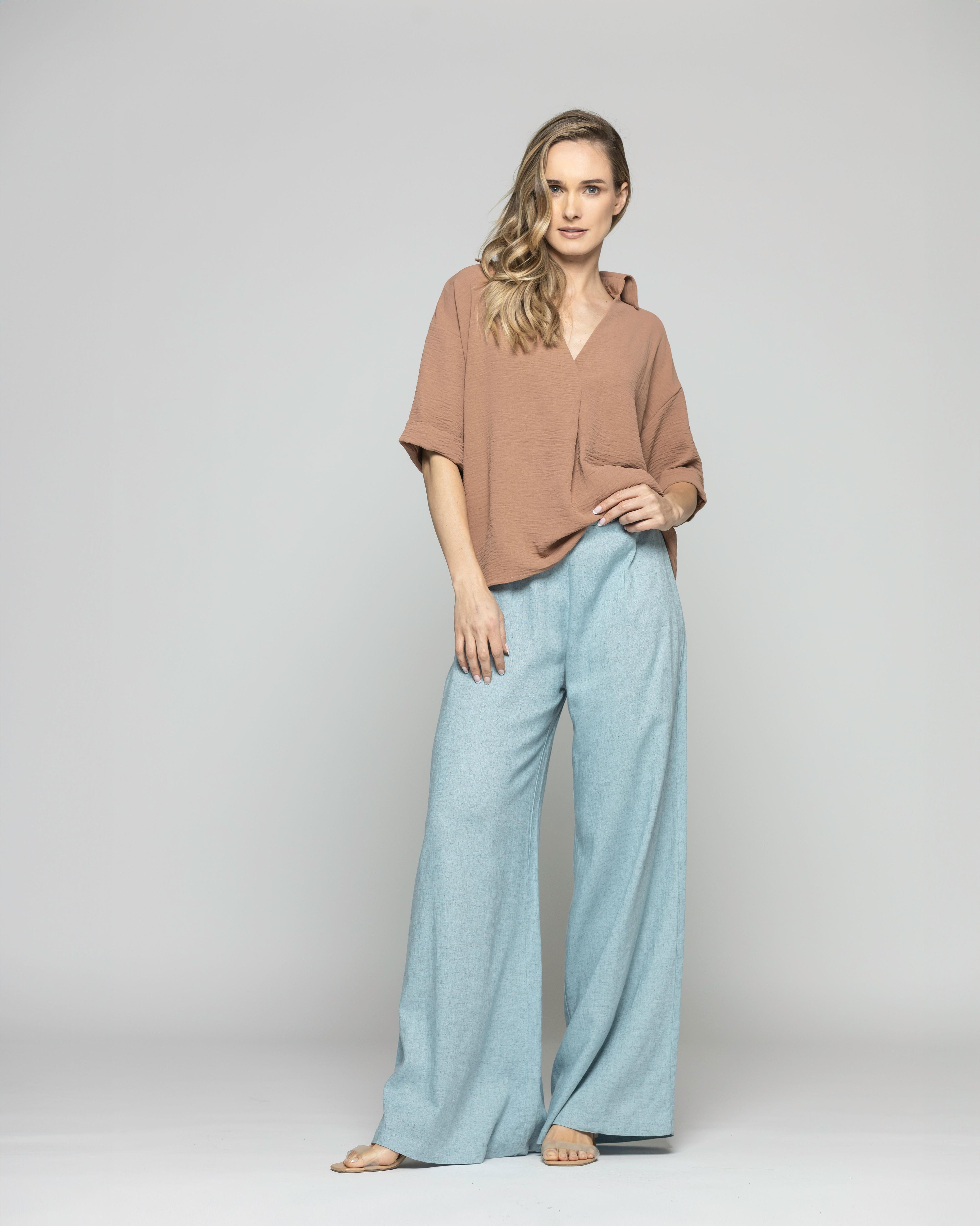 Blusa Mujer Gaura Escote V Con Cuello Media Manga Café Moka Ludovica-0
