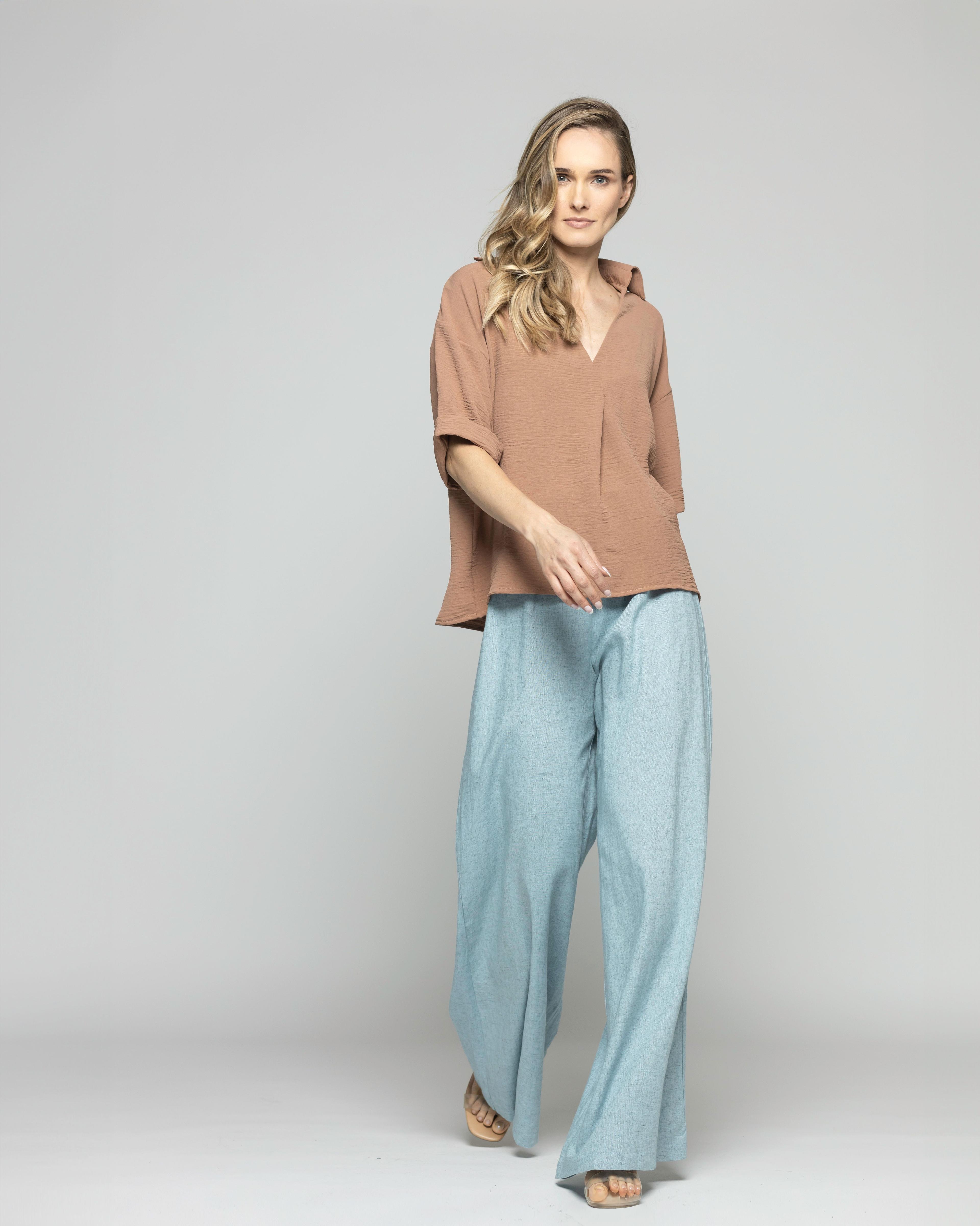 Blusa Mujer Gaura Escote V Con Cuello Media Manga Café Moka Ludovica-6