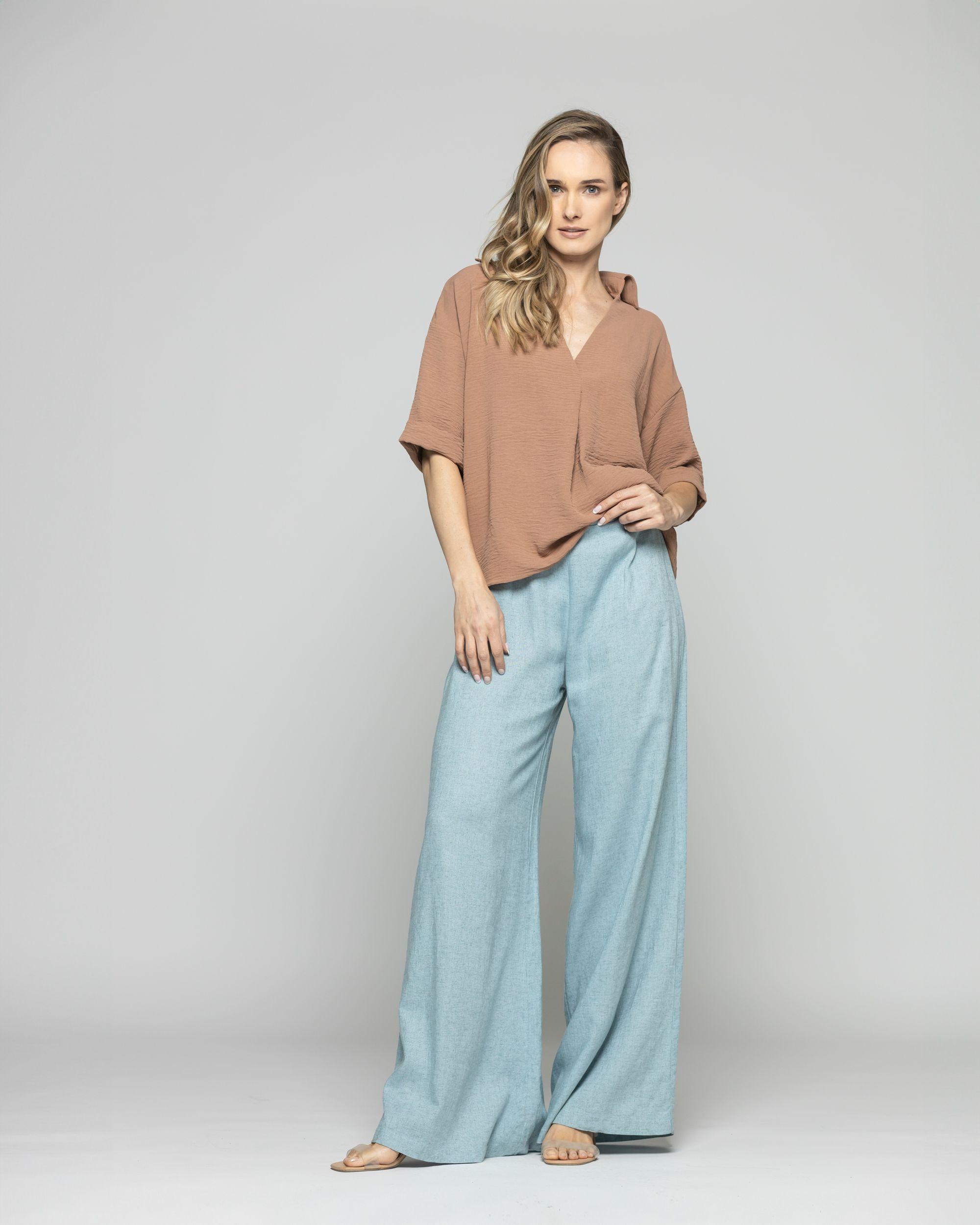 Blusa Mujer Gaura Escote V Con Cuello Media Manga Café Moka Ludovica-1