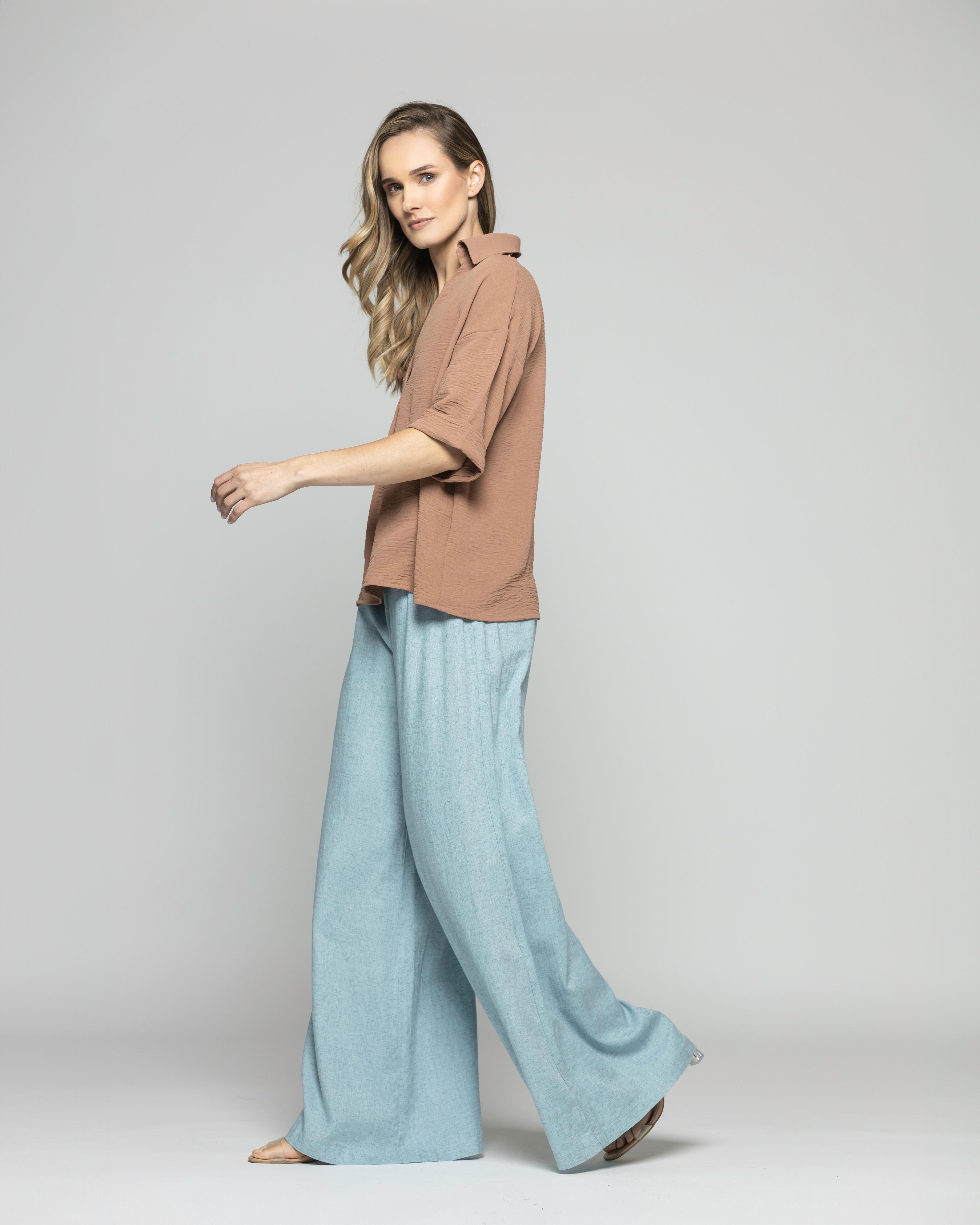 Blusa Mujer Gaura Escote V Con Cuello Media Manga Café Moka Ludovica-2