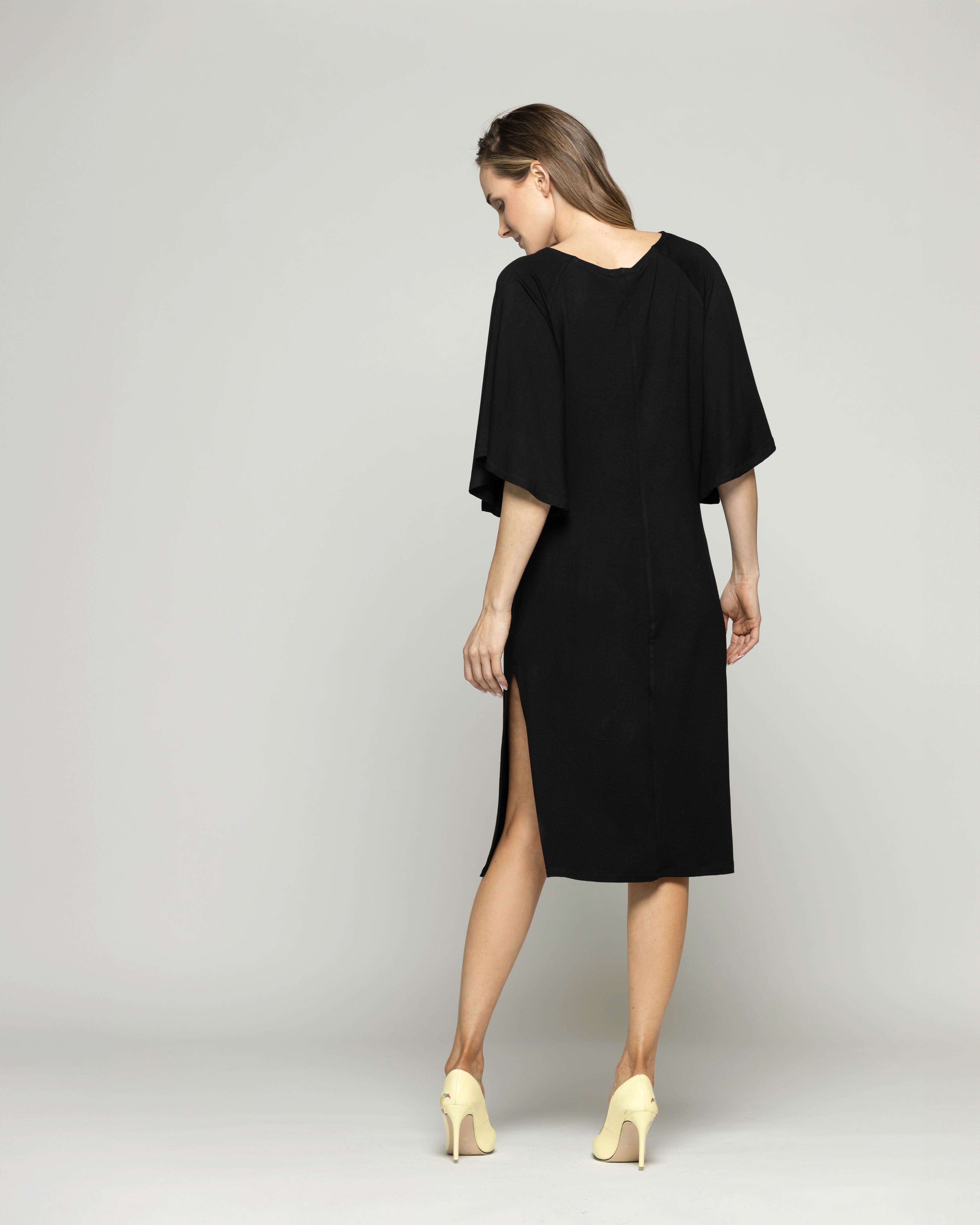 Vestido Mujer Zinnia Manga Murciélago Cuello Redondo Negro Ludovica-9