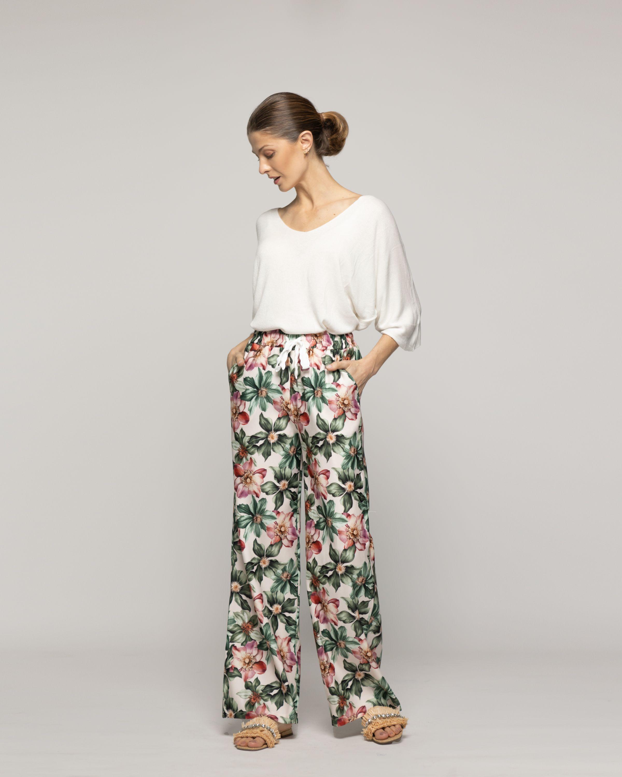 Pantalón Mujer Pali Estampado Flores Verde Lineatre-4