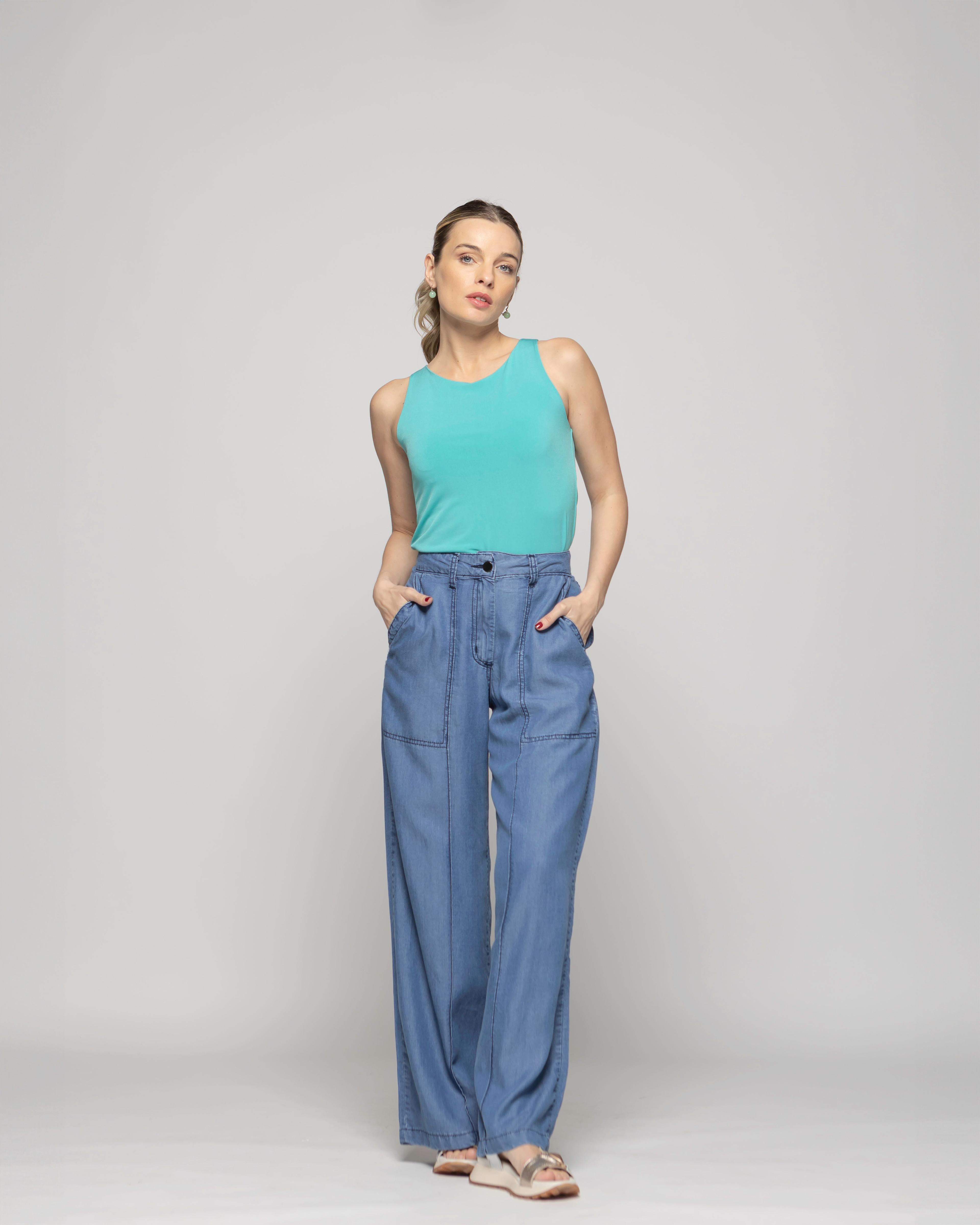 Polera Mujer Pensamiento Cuello Redondo Sin Mangas Ajustada Celeste Agua Ludovica-0