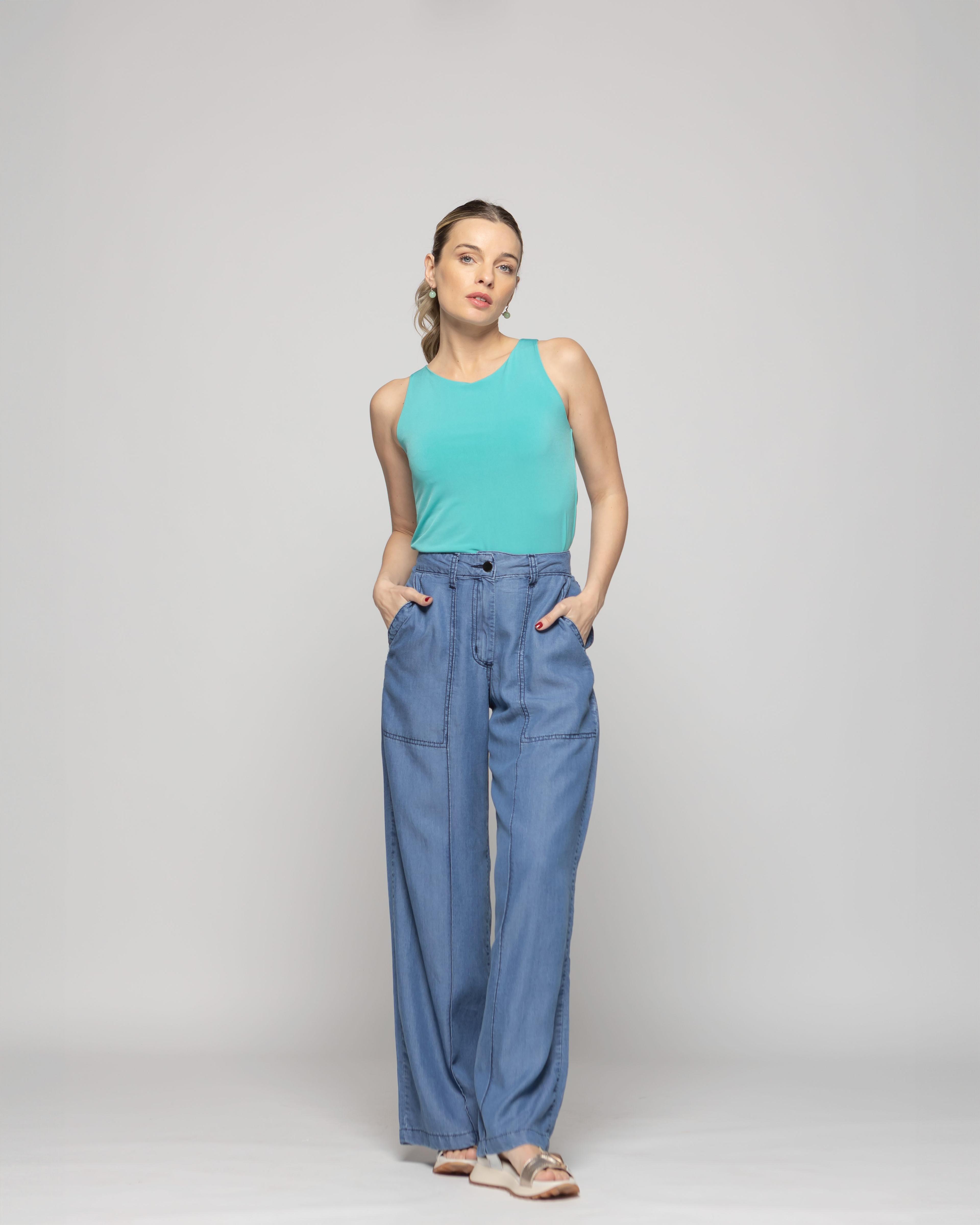 Polera Mujer Pensamiento Cuello Redondo Sin Mangas Ajustada Celeste Agua Ludovica-1