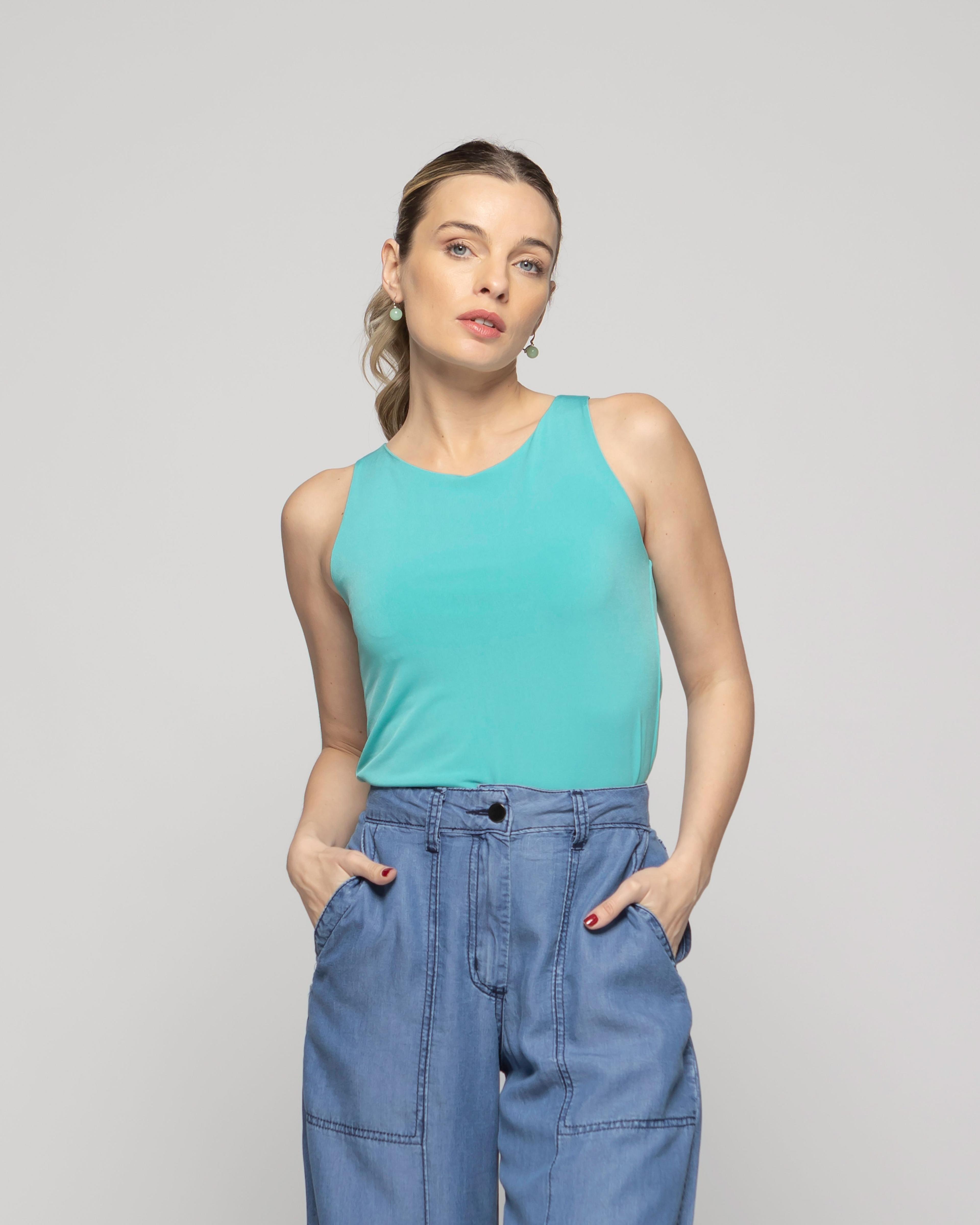 Polera Mujer Pensamiento Cuello Redondo Sin Mangas Ajustada Celeste Agua Ludovica-4