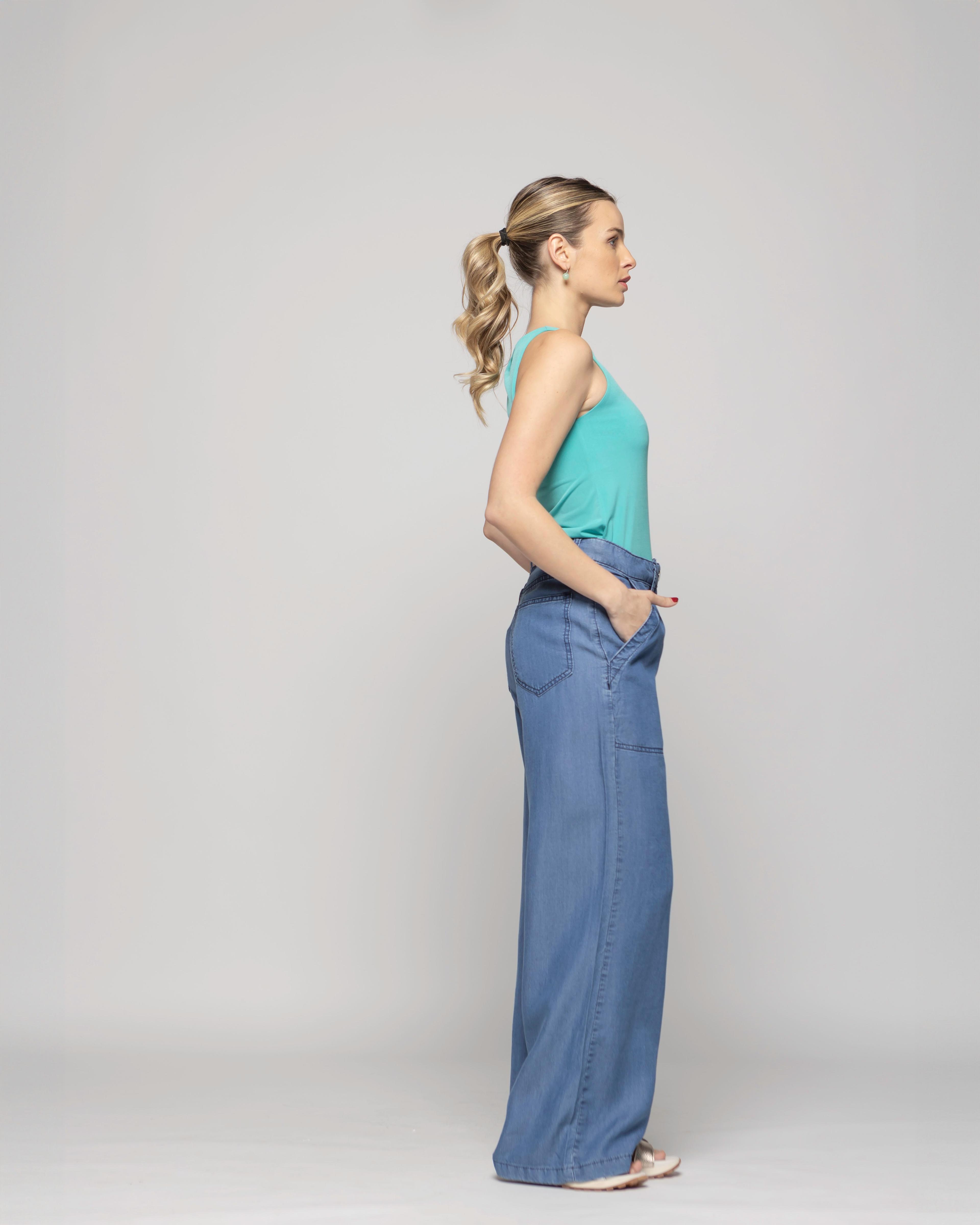 Polera Mujer Pensamiento Cuello Redondo Sin Mangas Ajustada Celeste Agua Ludovica-9