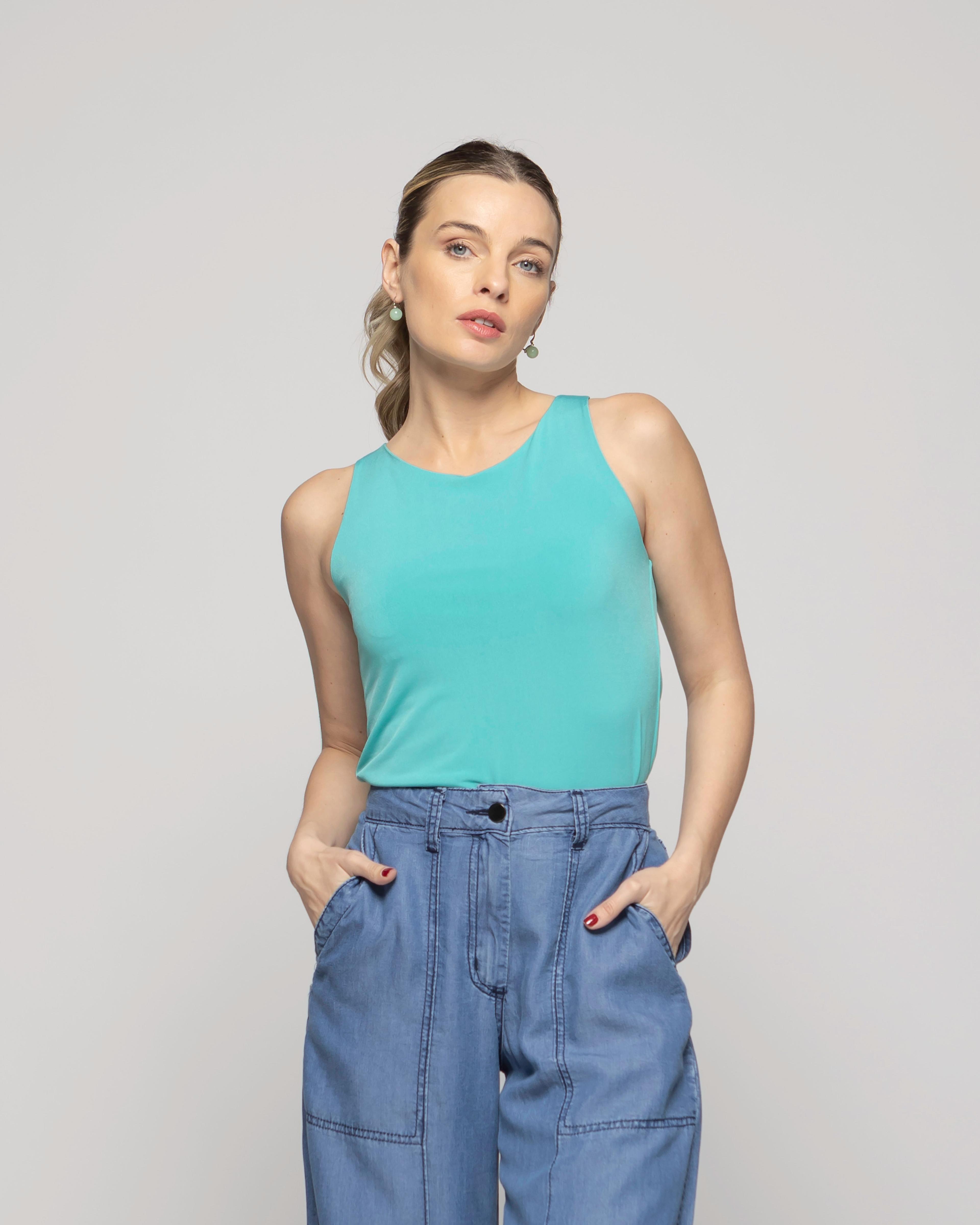 Polera Mujer Pensamiento Cuello Redondo Sin Mangas Ajustada Celeste Agua Ludovica-0